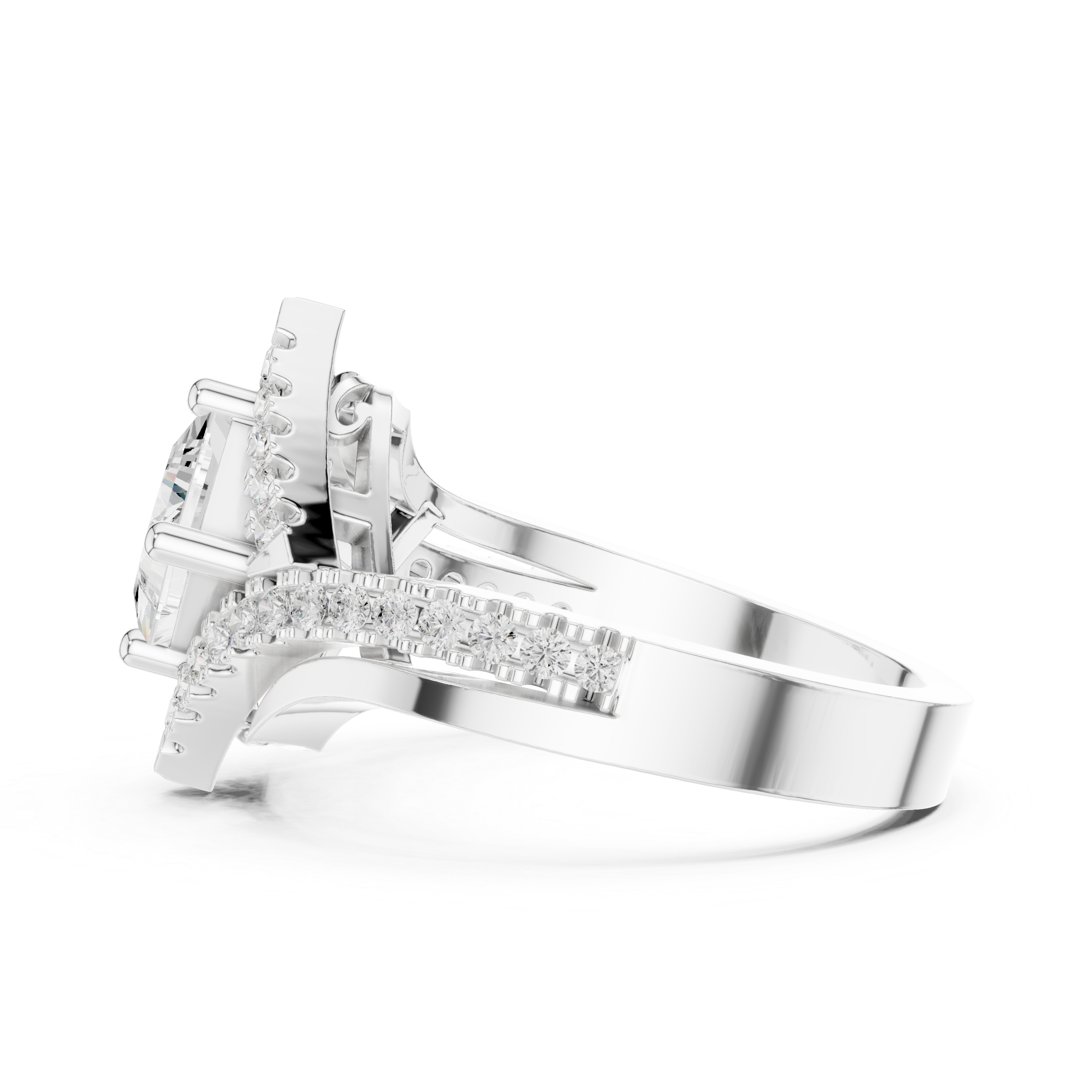 Princess-cut center diamond and halo pav‚ diamonds