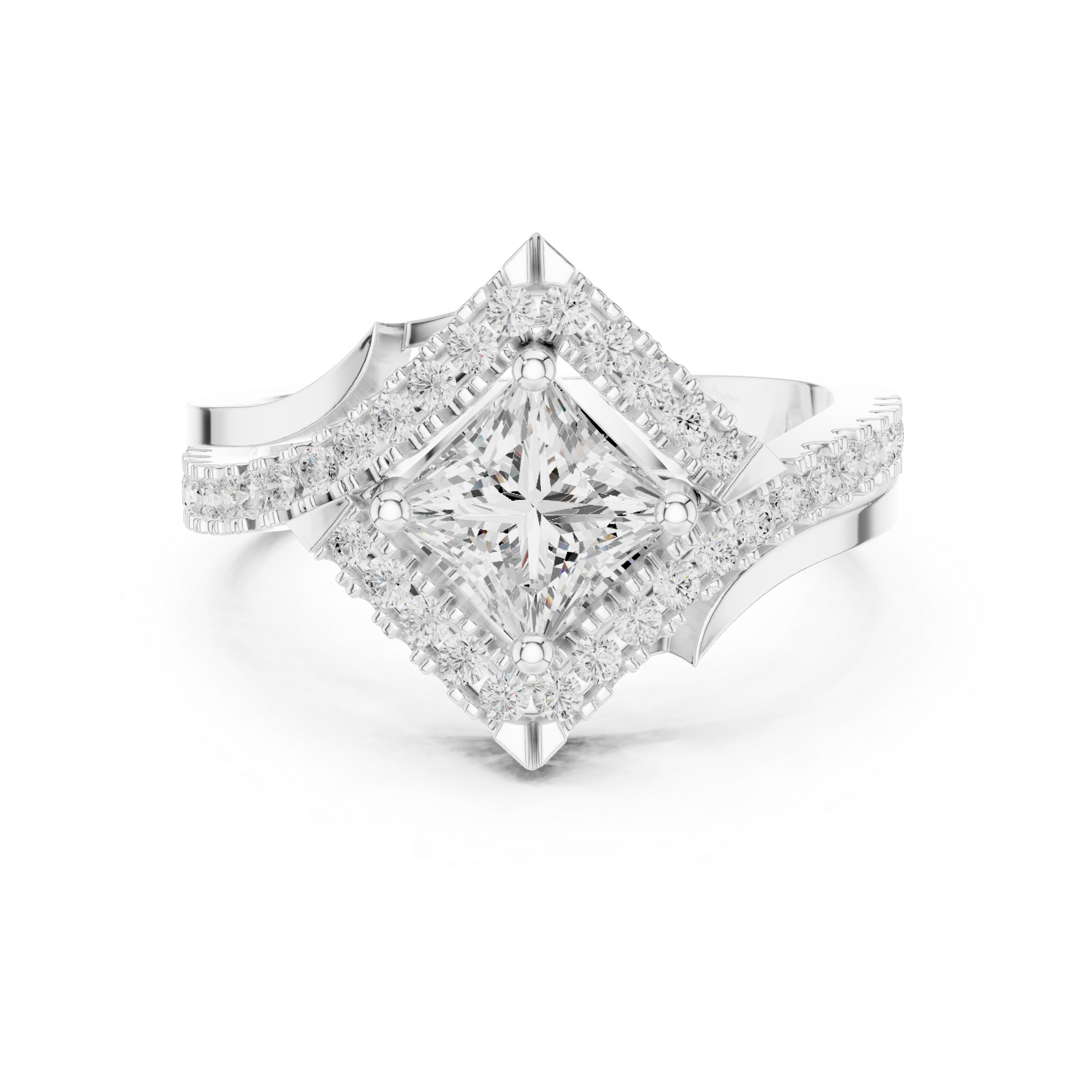 Princess-cut center diamond and halo pav‚ diamonds