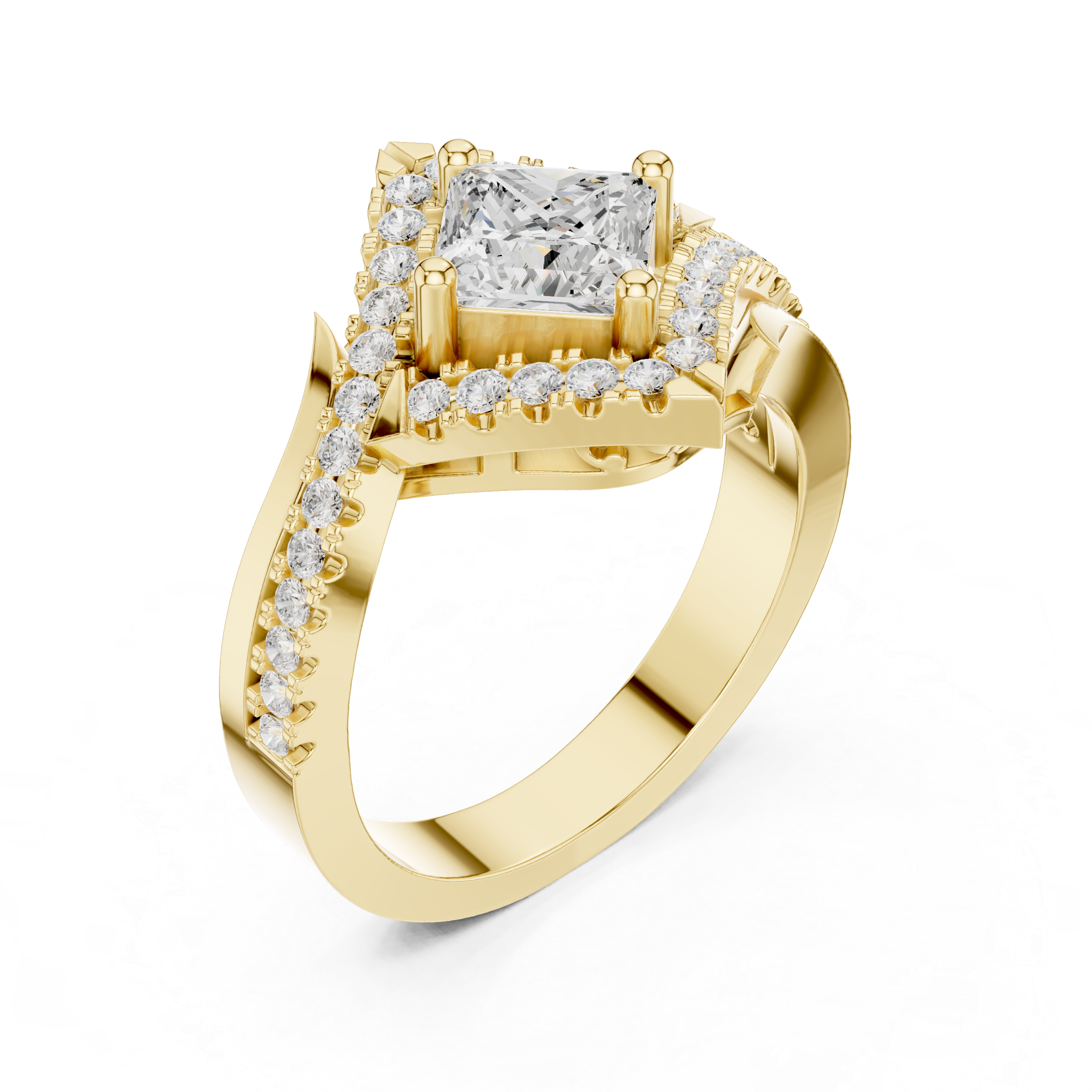 Princess-cut center diamond and halo pav‚ diamonds