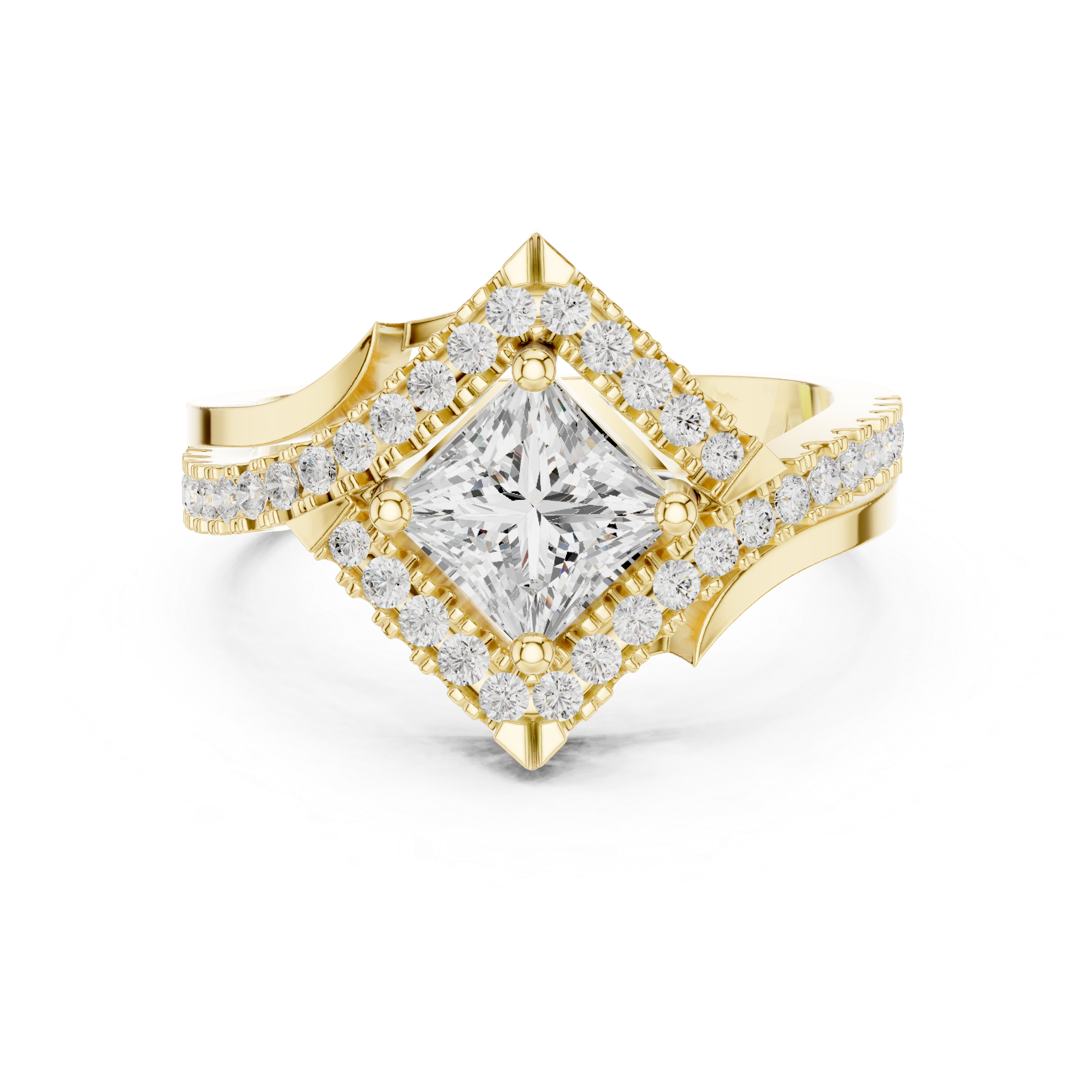 Princess-cut center diamond and halo pav‚ diamonds