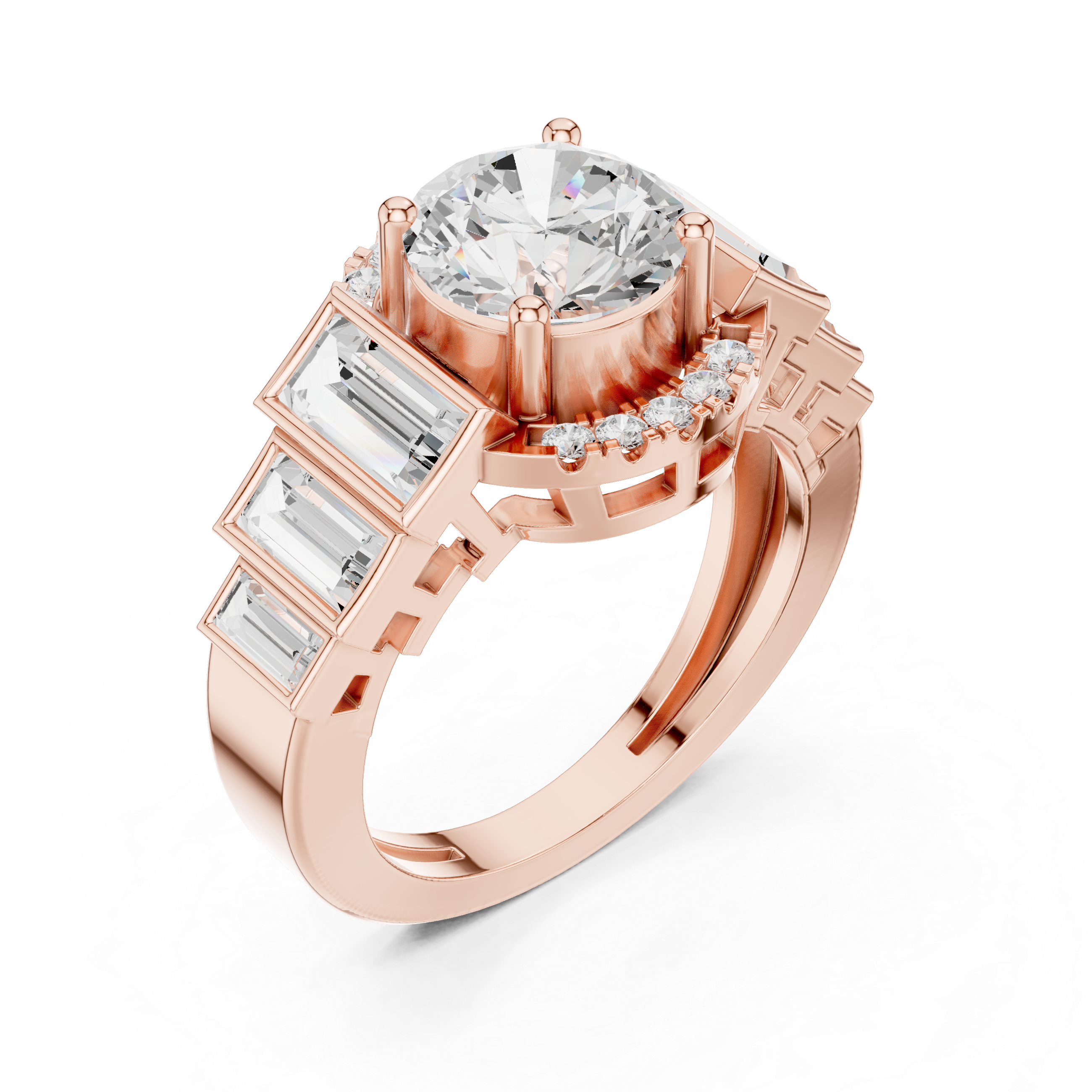 Five-stone round center diamond ring with baguette side diamonds and pav‚ accents