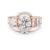 Five-stone round center diamond ring with baguette side diamonds and pav‚ accents