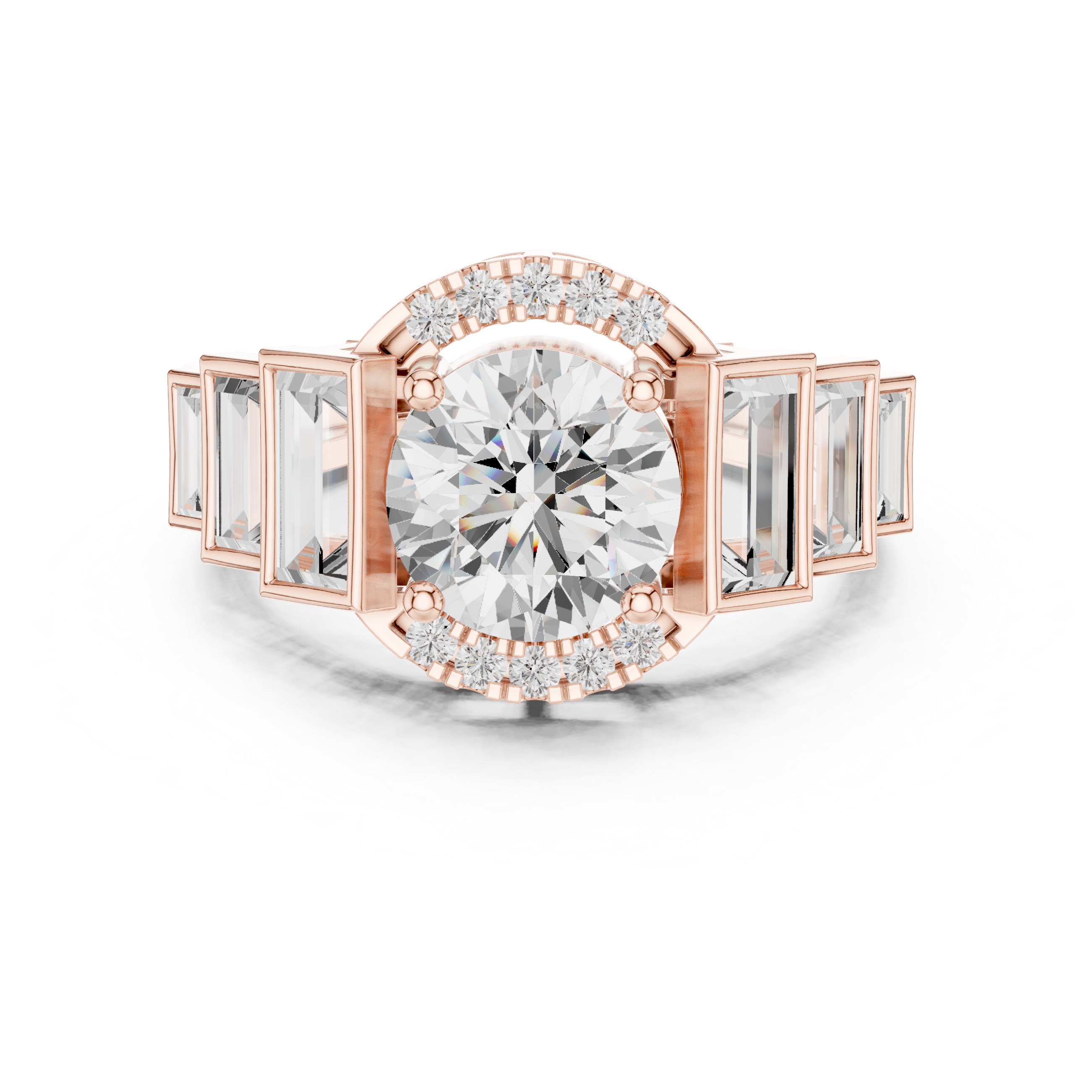 Five-stone round center diamond ring with baguette side diamonds and pav‚ accents