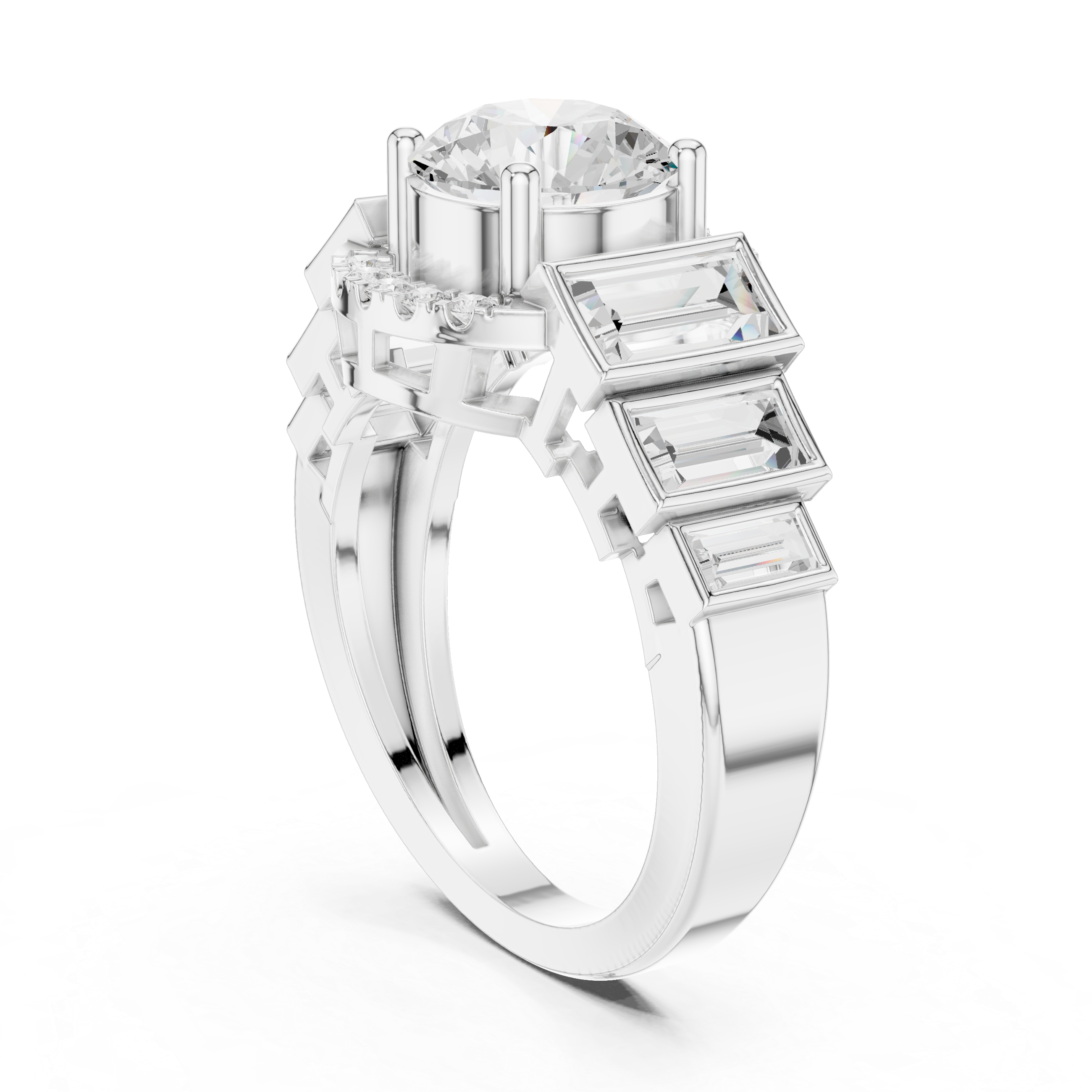 Five-stone round center diamond ring with baguette side diamonds and pav‚ accents