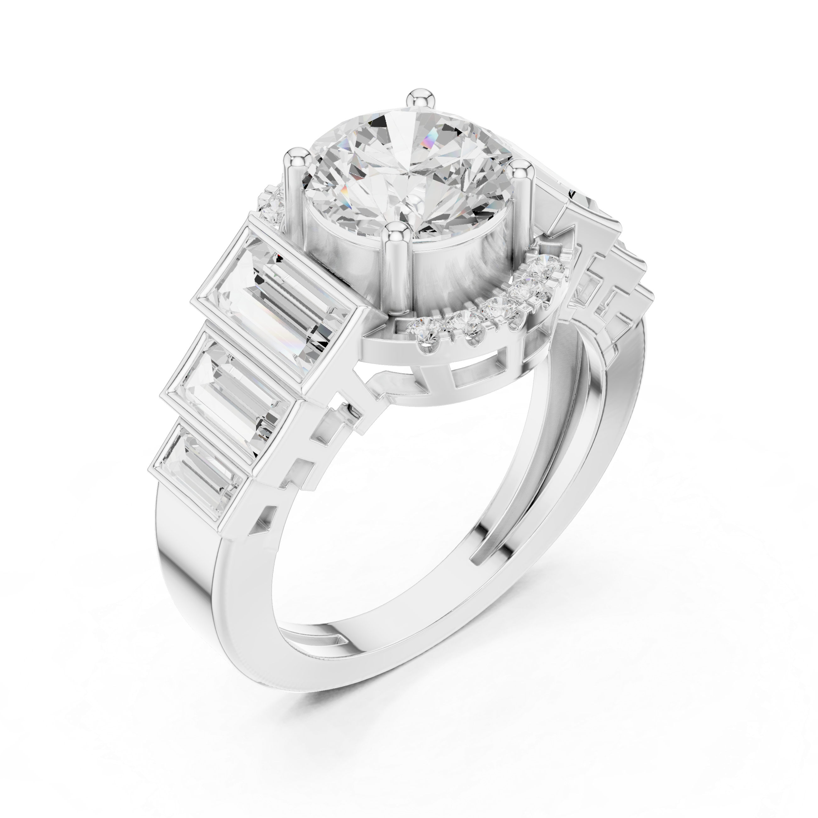 Five-stone round center diamond ring with baguette side diamonds and pav‚ accents