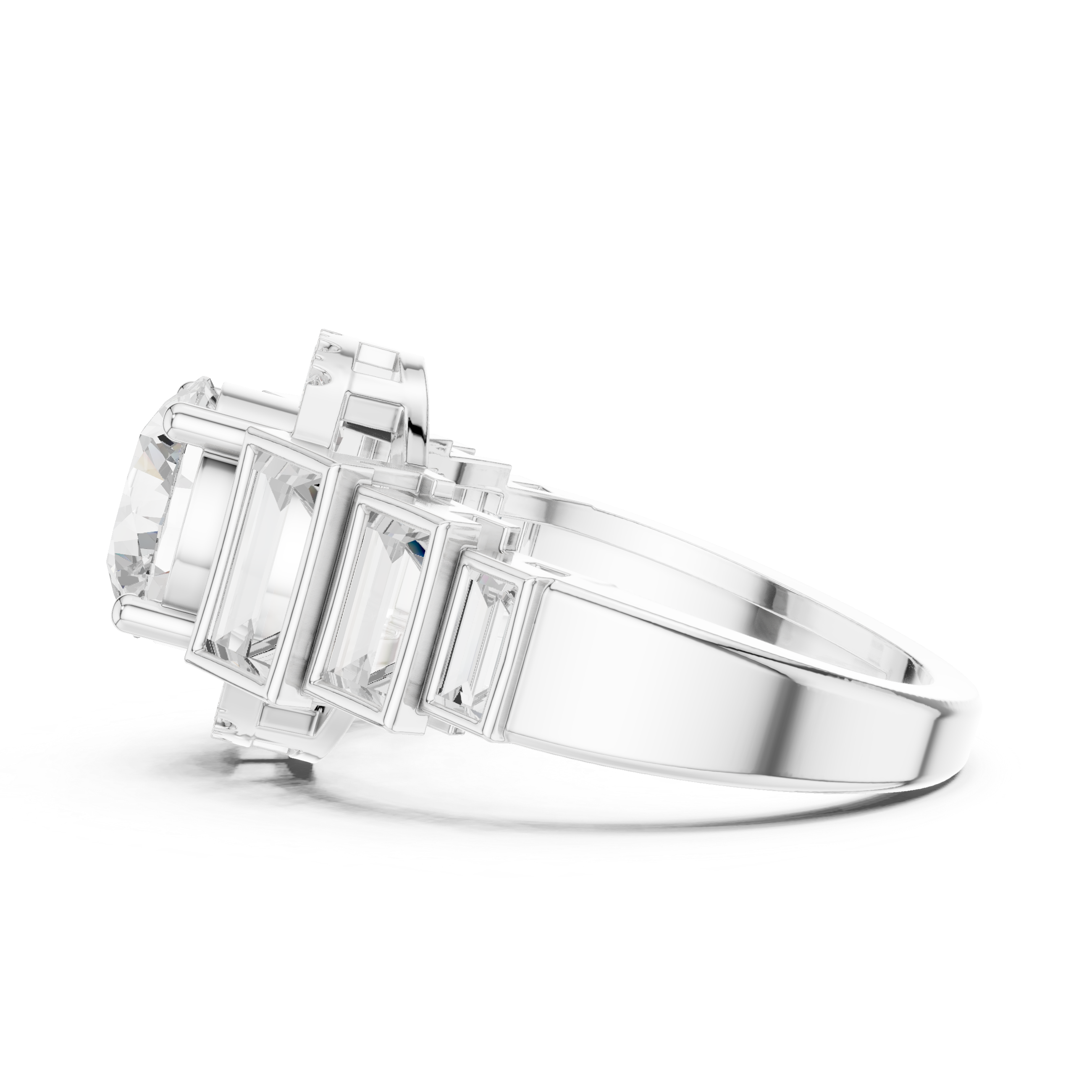 Five-stone round center diamond ring with baguette side diamonds and pav‚ accents