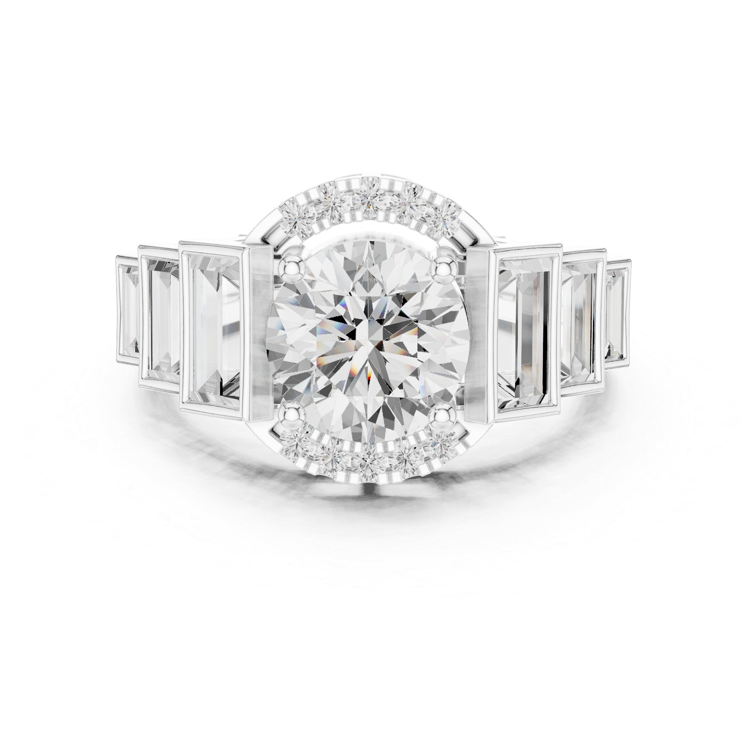 Five-stone round center diamond ring with baguette side diamonds and pav‚ accents