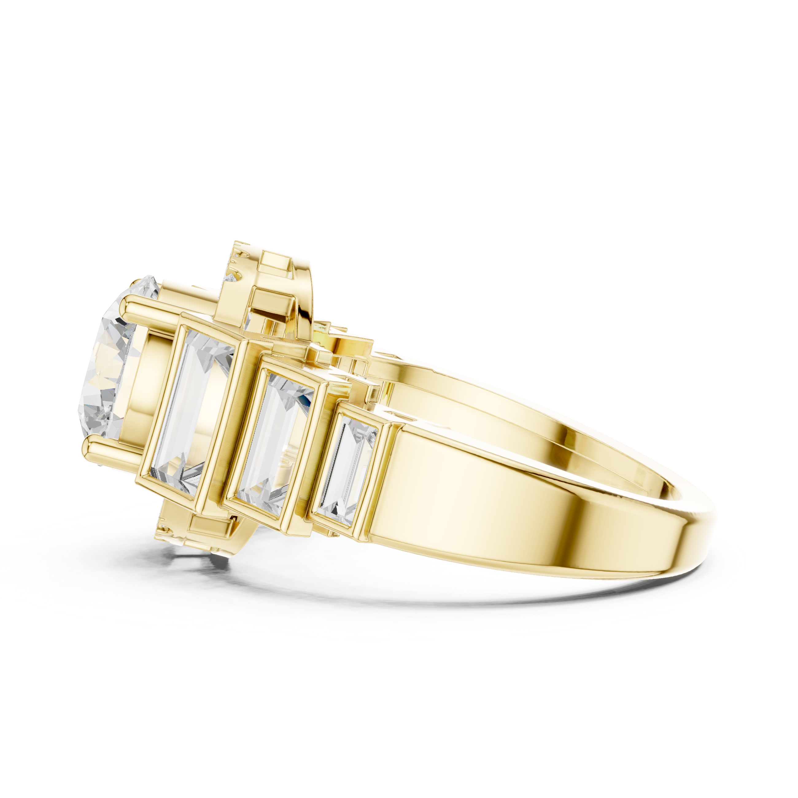 Five-stone round center diamond ring with baguette side diamonds and pav‚ accents