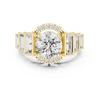 Five-stone round center diamond ring with baguette side diamonds and pav‚ accents