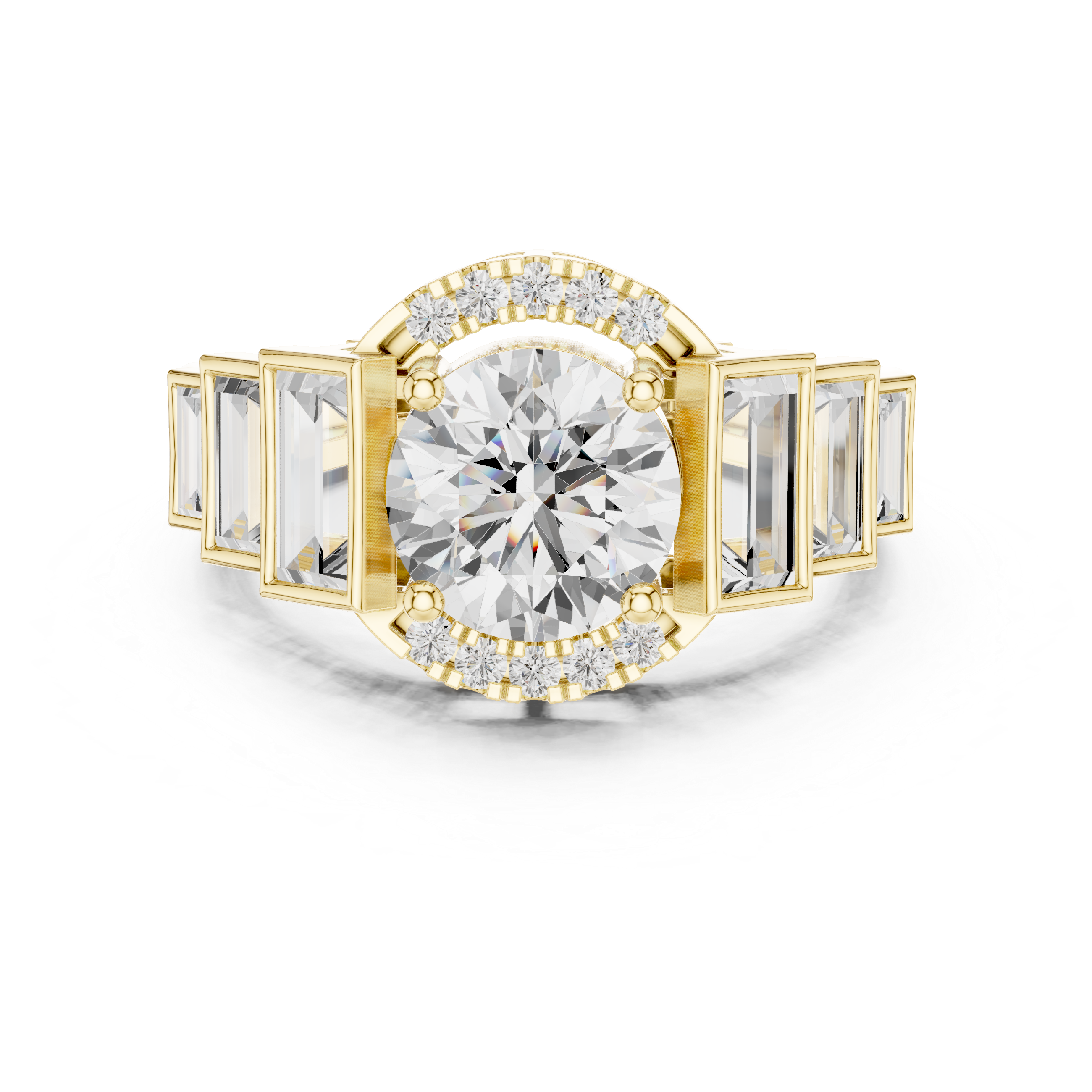 Five-stone round center diamond ring with baguette side diamonds and pav‚ accents