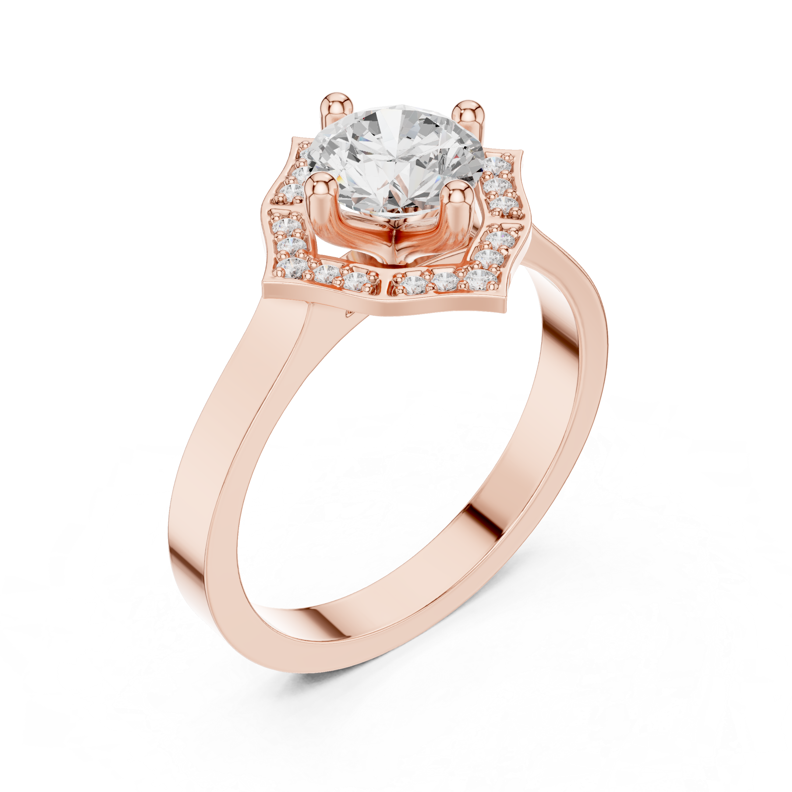Round center diamond ring with diamond halo in a quatrefoil-inspired design