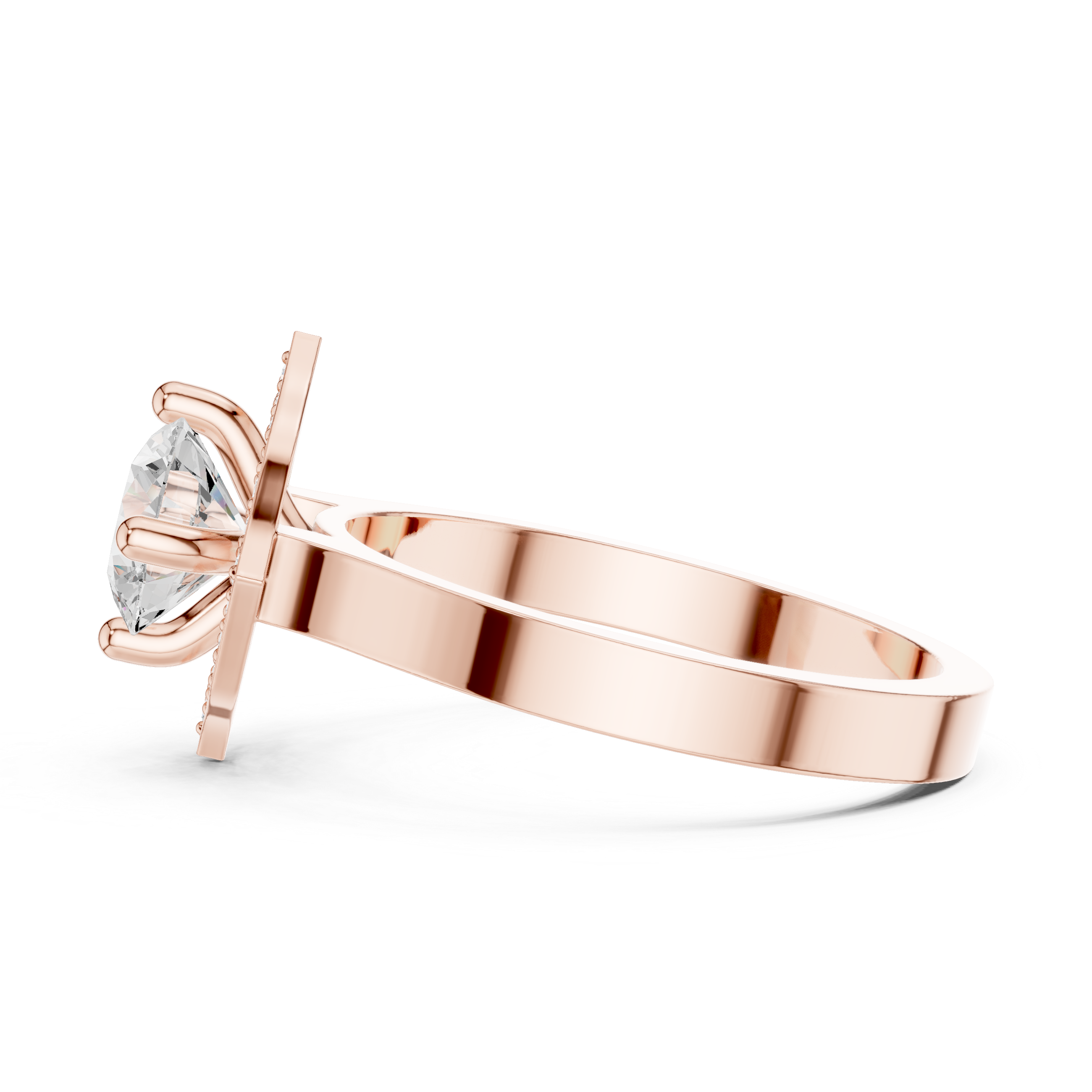 Round center diamond ring with diamond halo in a quatrefoil-inspired design