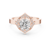 Round center diamond ring with diamond halo in a quatrefoil-inspired design