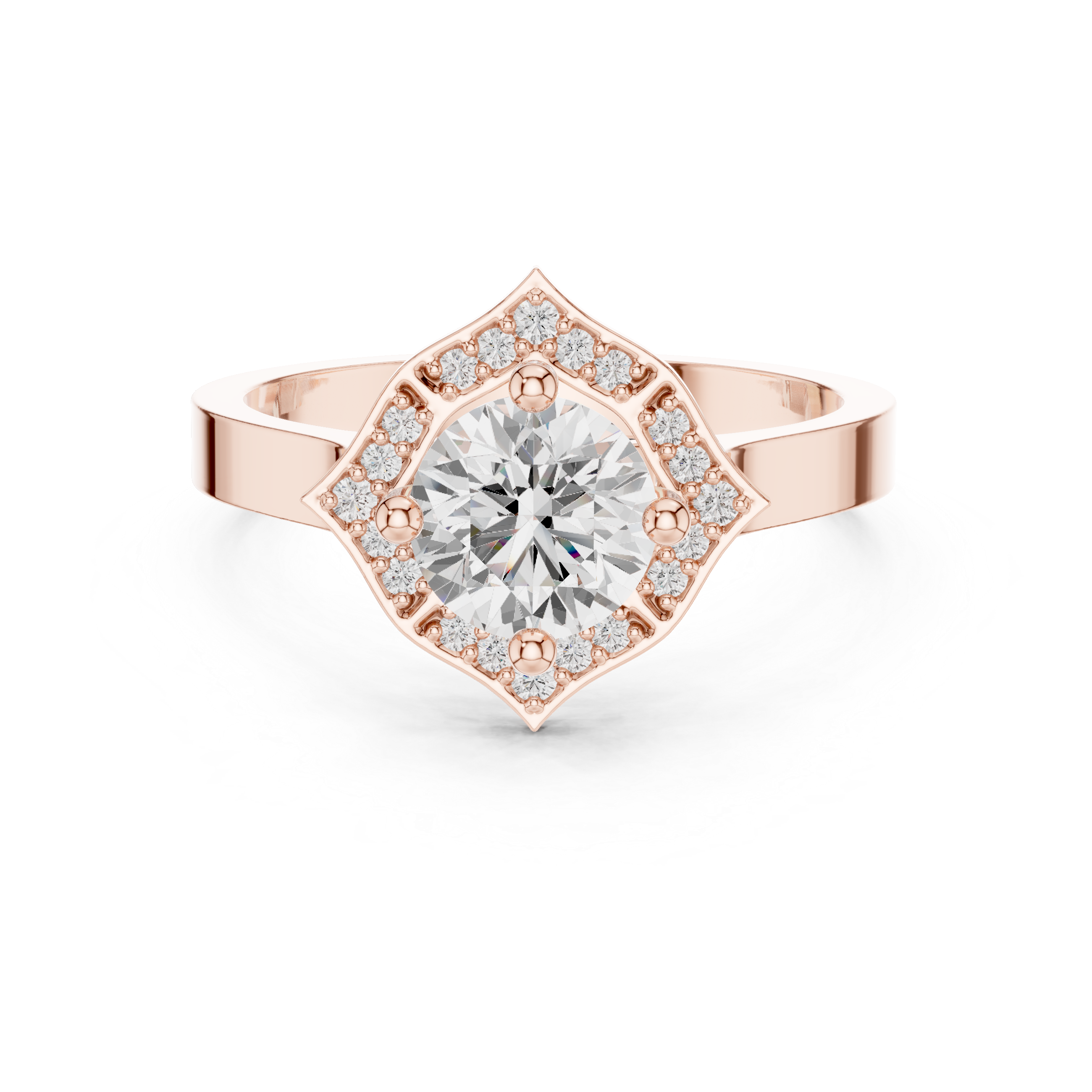 Round center diamond ring with diamond halo in a quatrefoil-inspired design