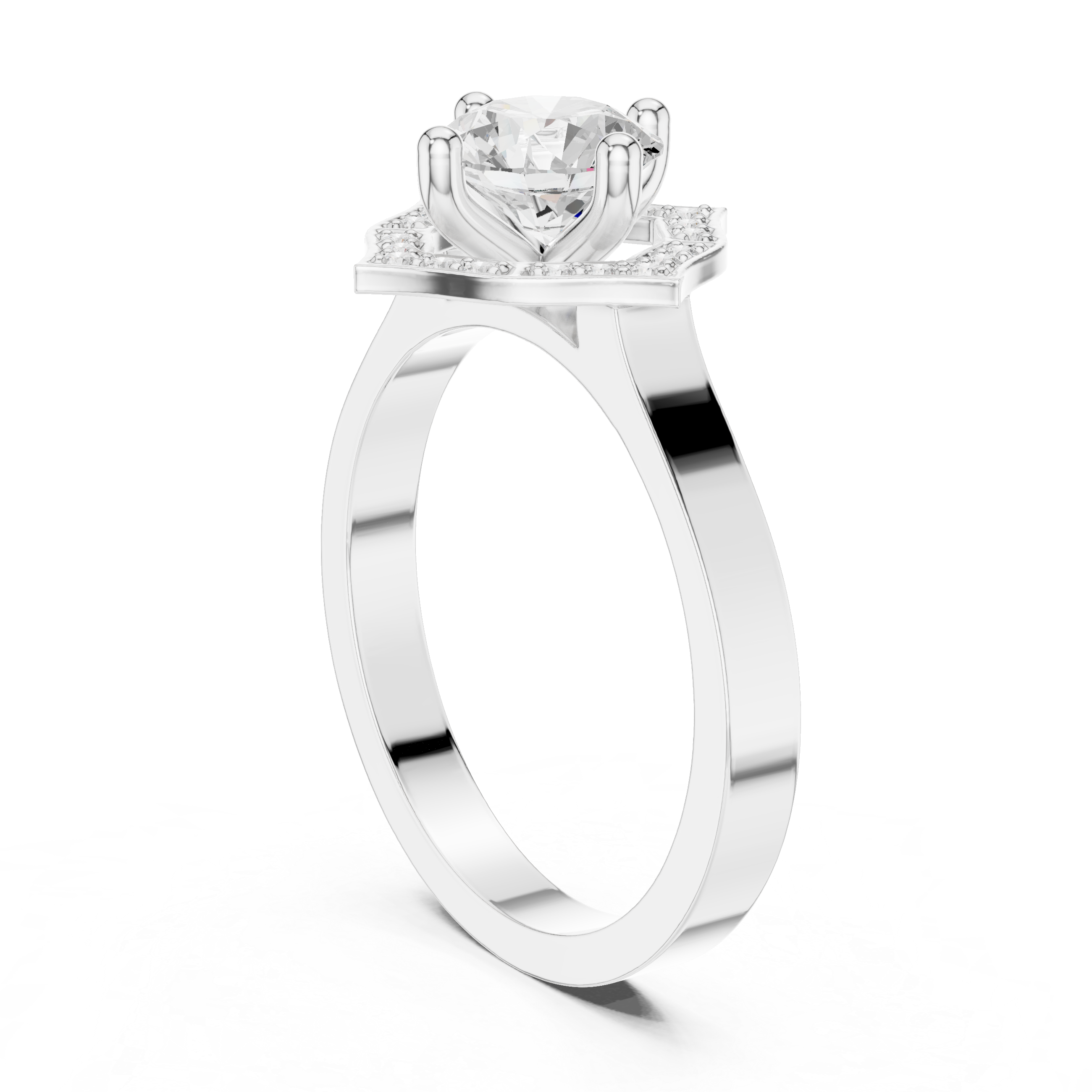 Round center diamond ring with diamond halo in a quatrefoil-inspired design