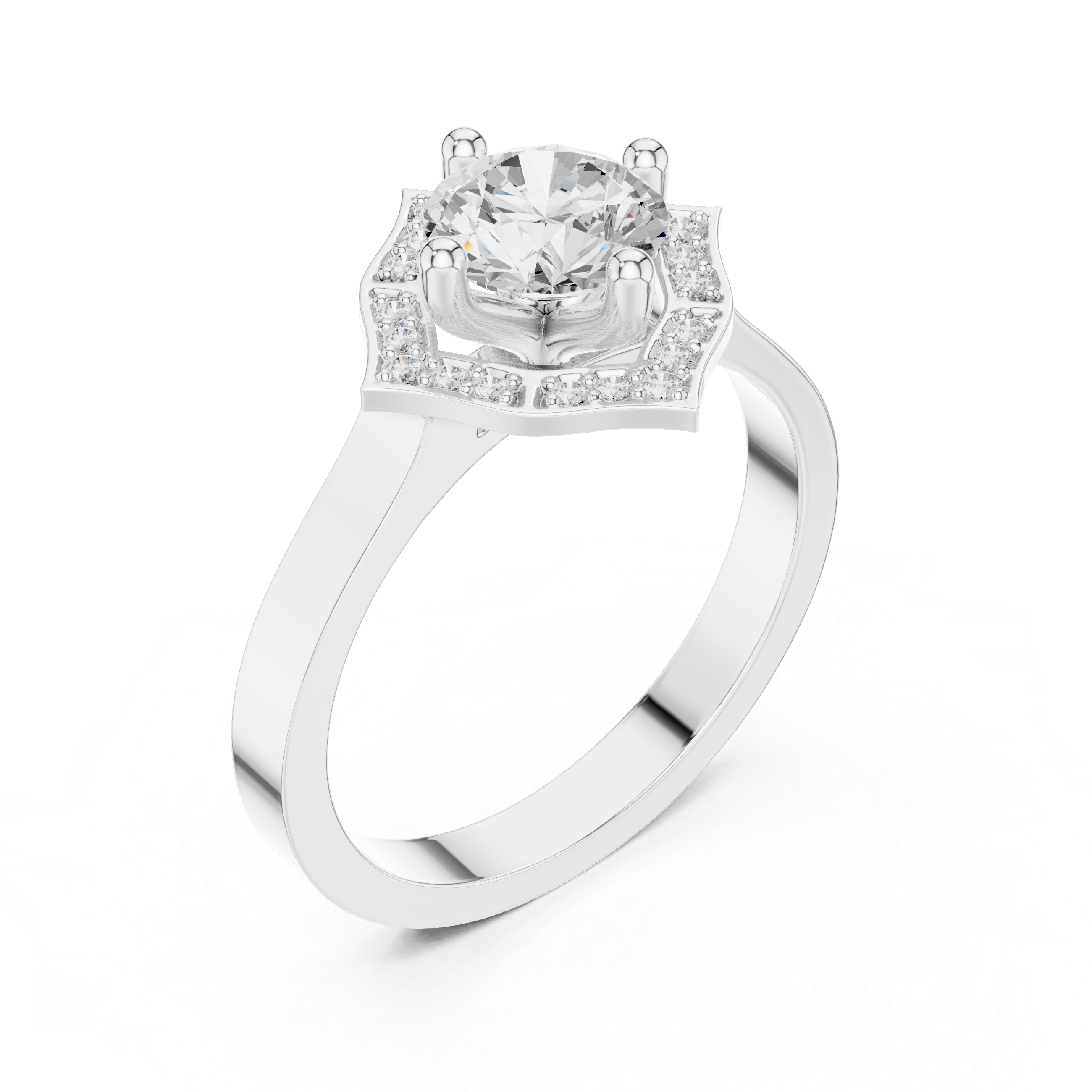 Round center diamond ring with diamond halo in a quatrefoil-inspired design