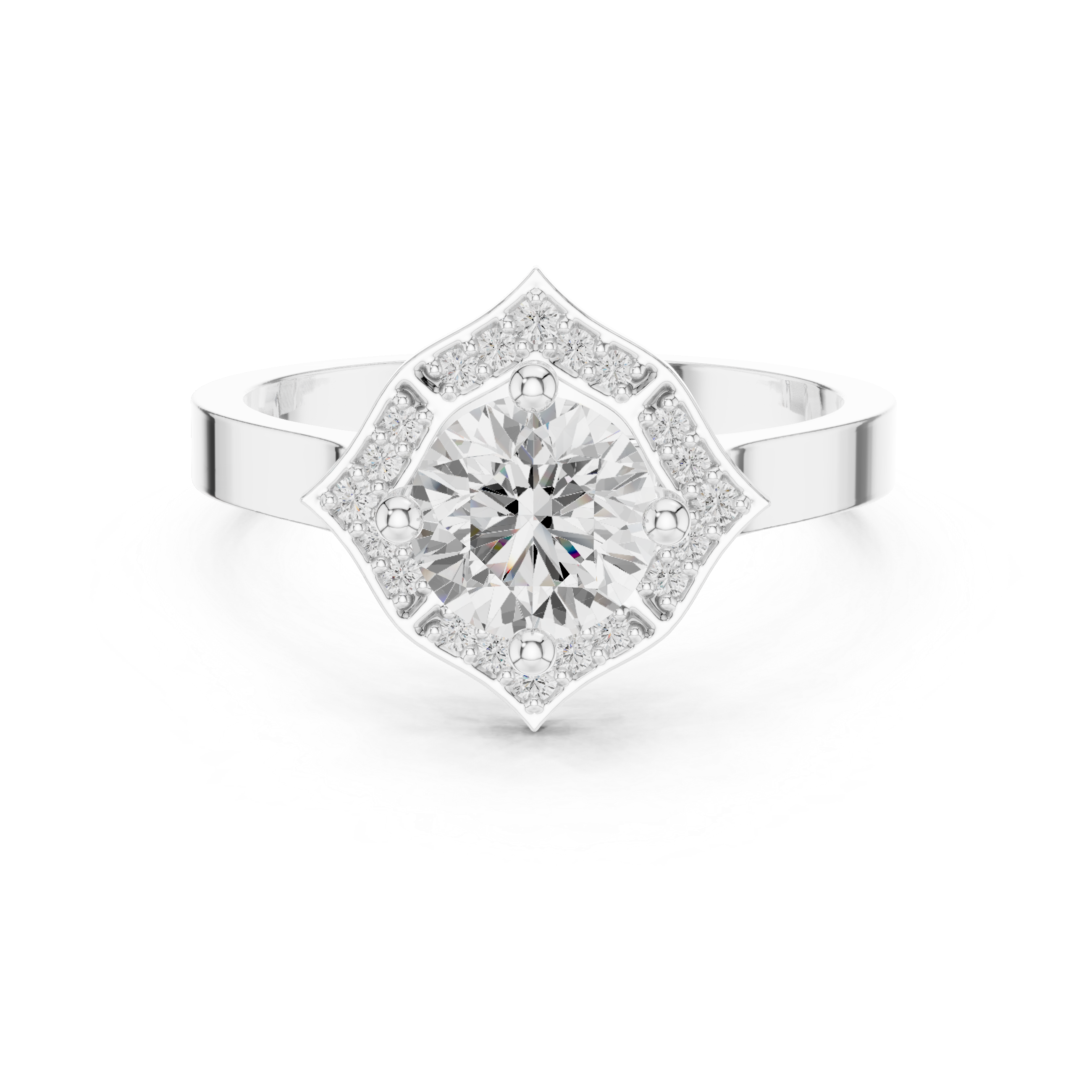 Round center diamond ring with diamond halo in a quatrefoil-inspired design