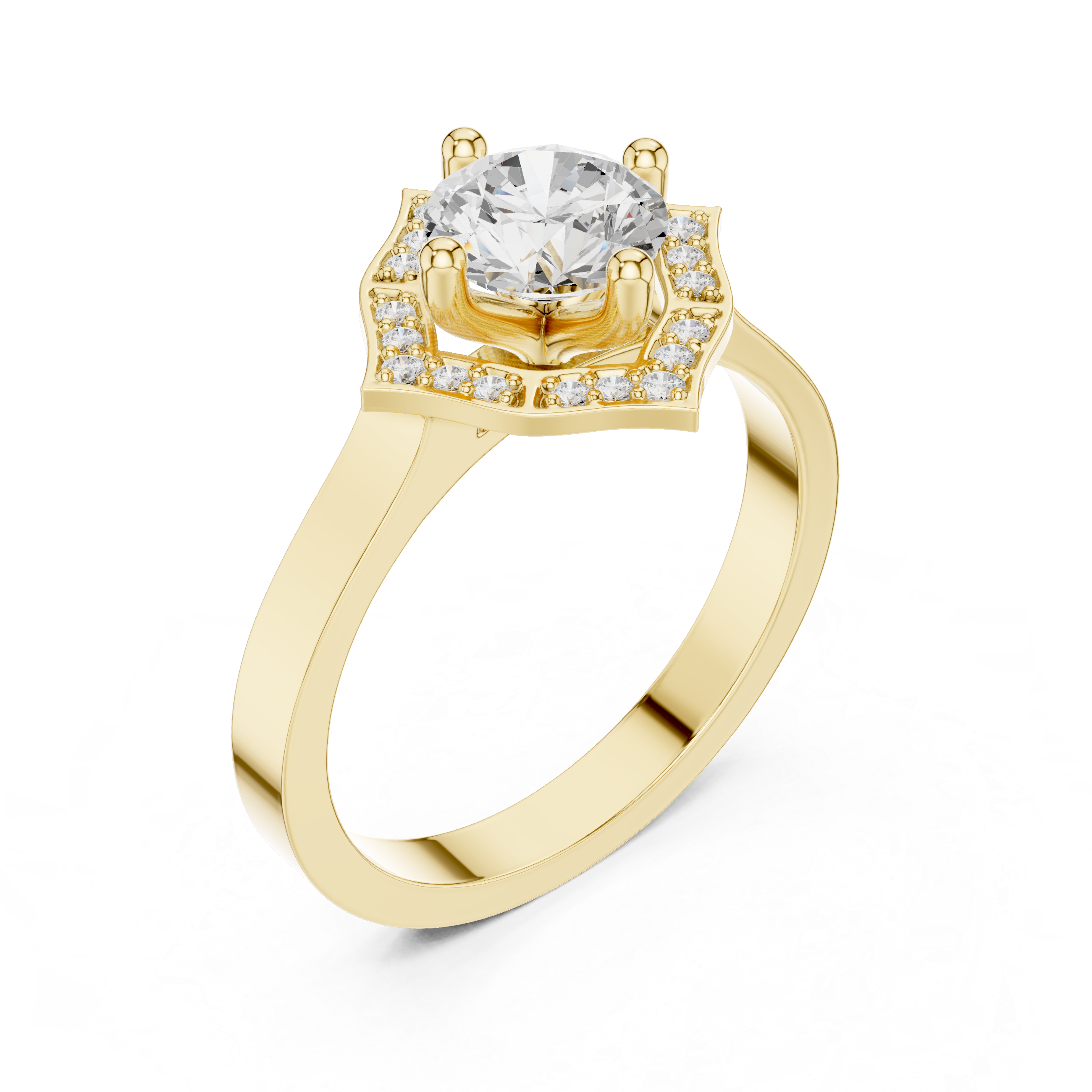 Round center diamond ring with diamond halo in a quatrefoil-inspired design