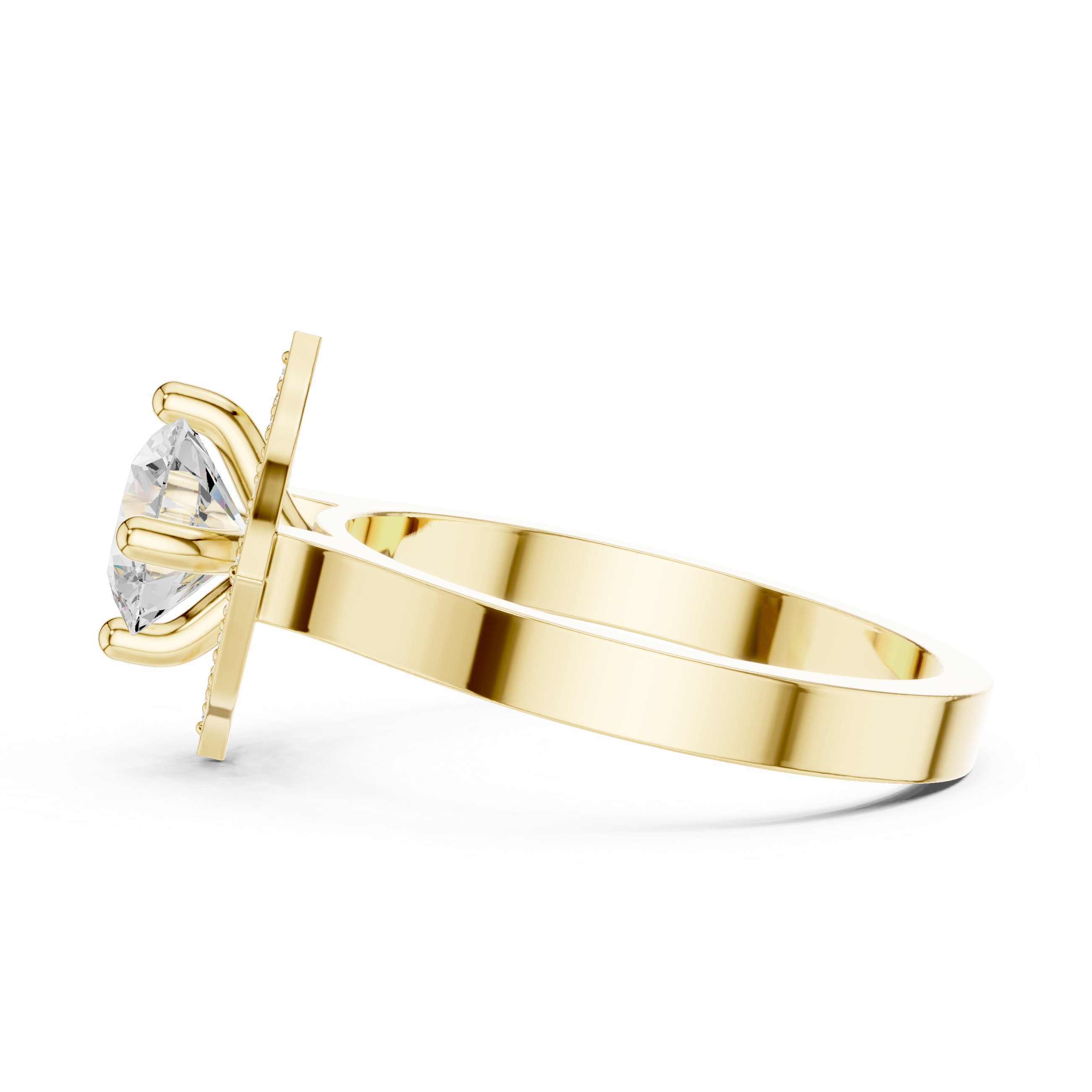 Round center diamond ring with diamond halo in a quatrefoil-inspired design