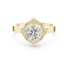 Round center diamond ring with diamond halo in a quatrefoil-inspired design