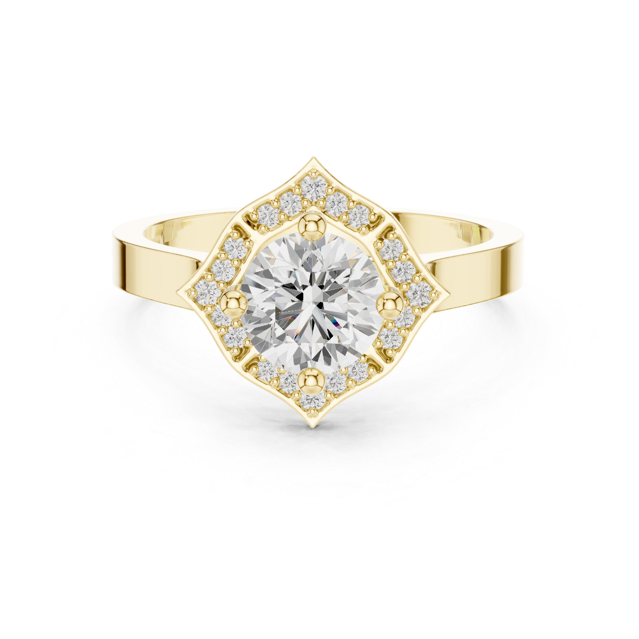 Round center diamond ring with diamond halo in a quatrefoil-inspired design