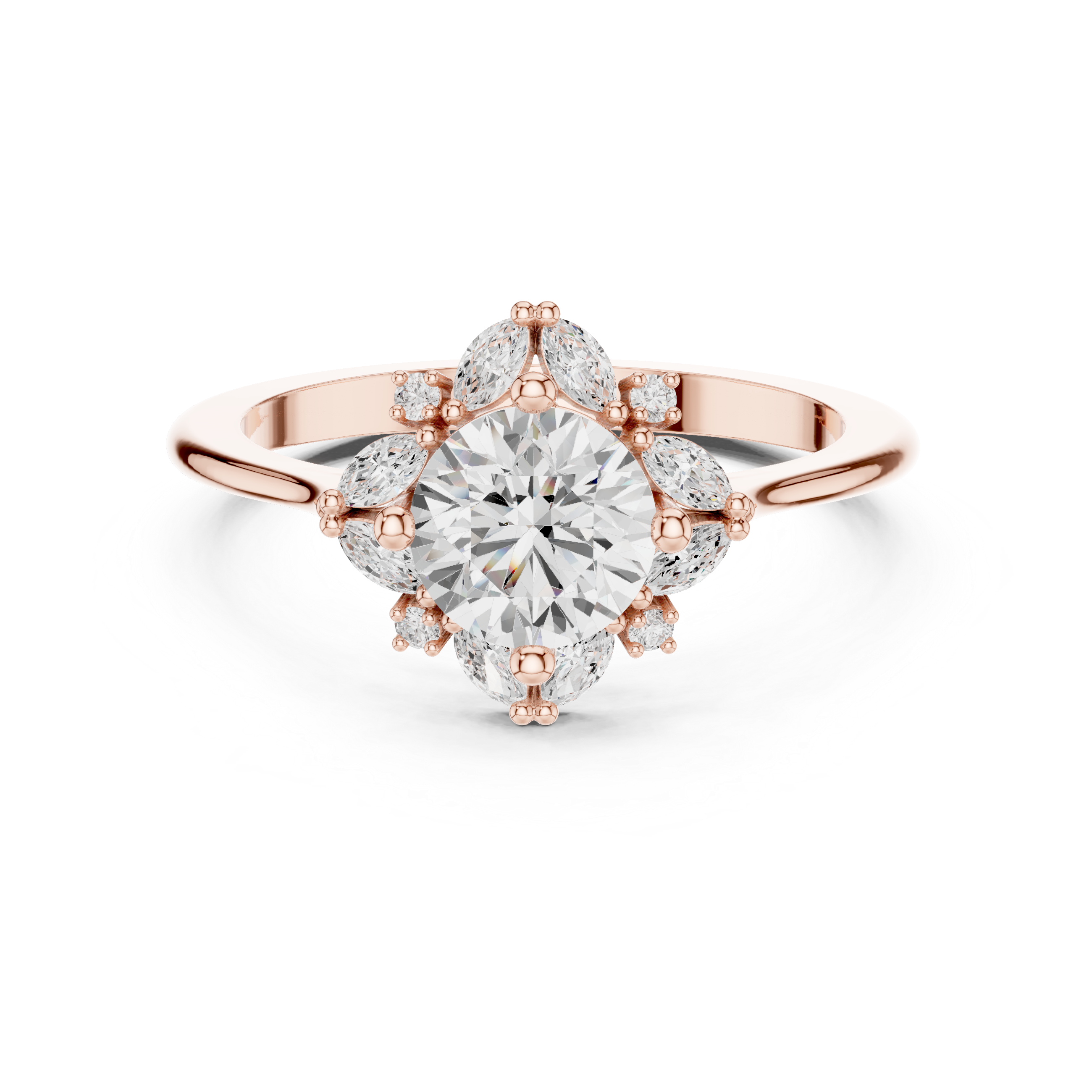 Round center diamond ring with marquise and round diamond floral halo