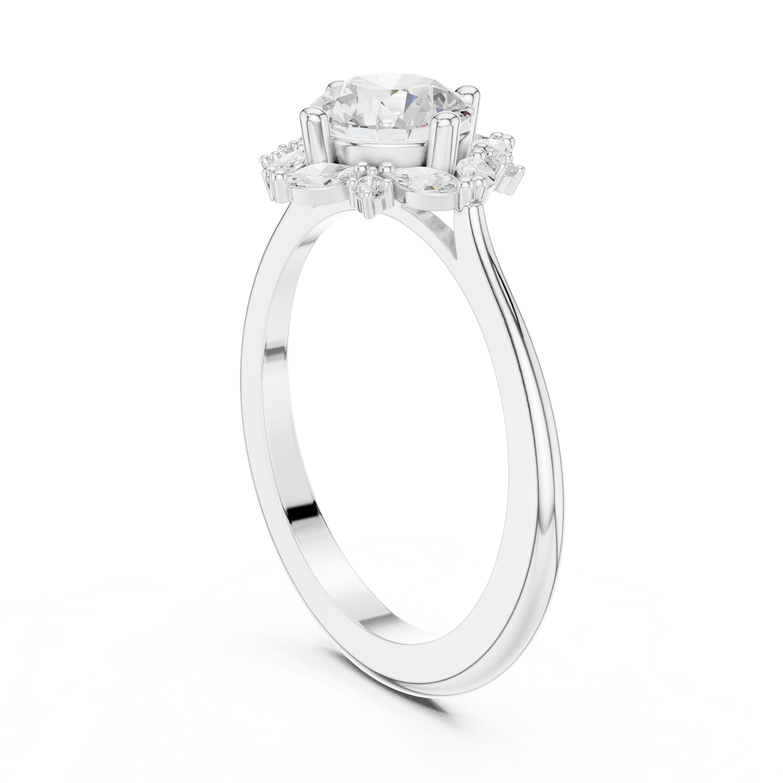 Round center diamond ring with marquise and round diamond floral halo