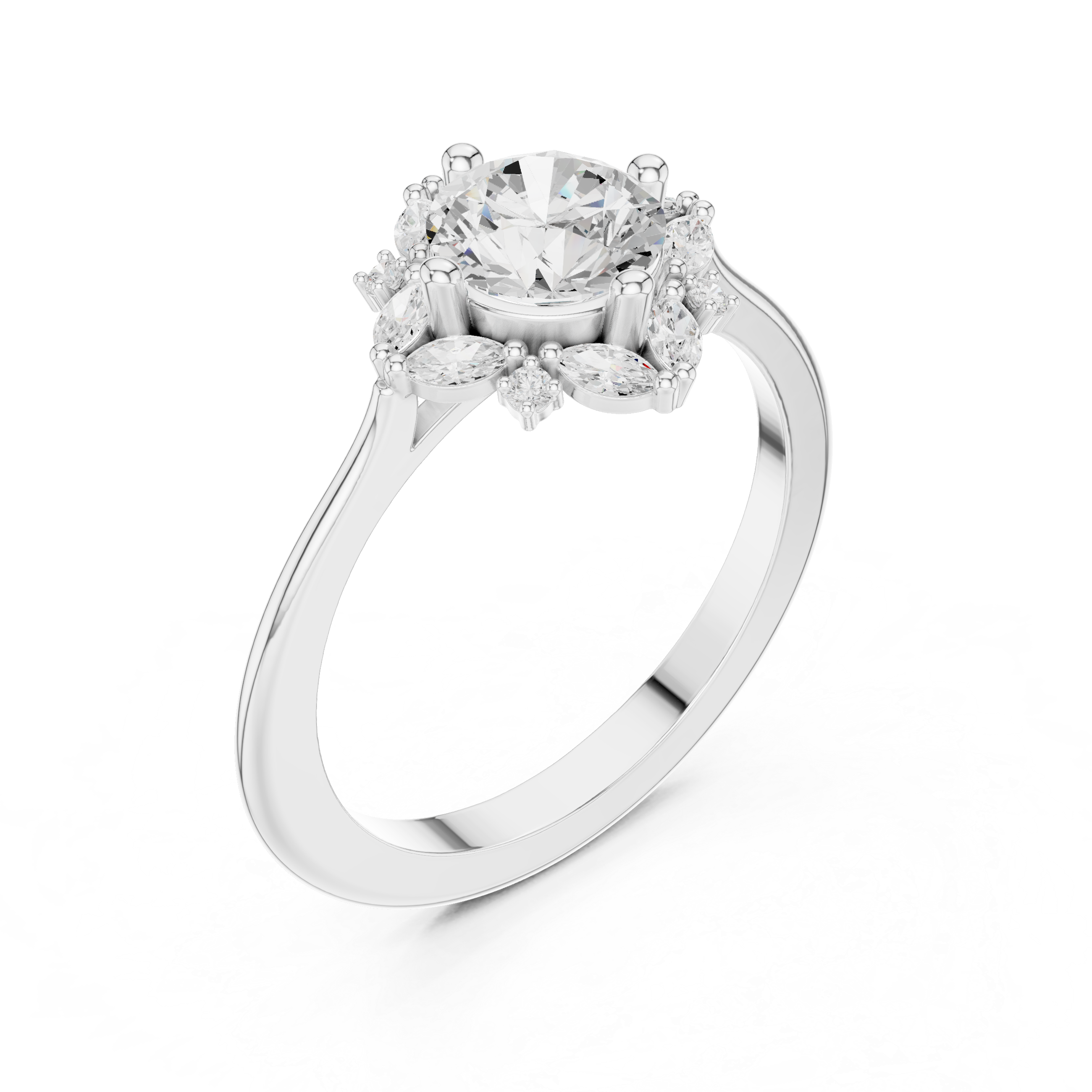 Round center diamond ring with marquise and round diamond floral halo
