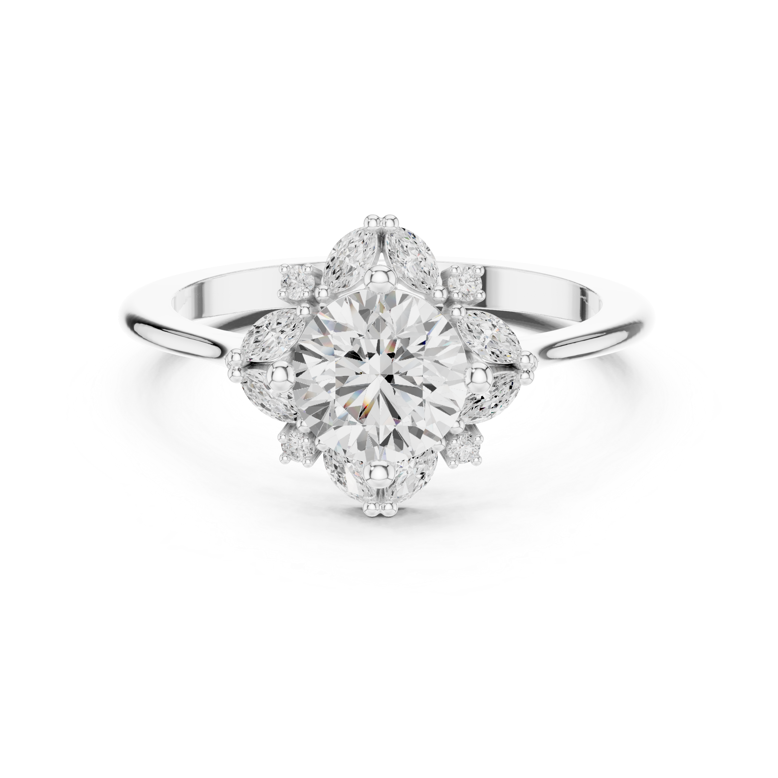 Round center diamond ring with marquise and round diamond floral halo