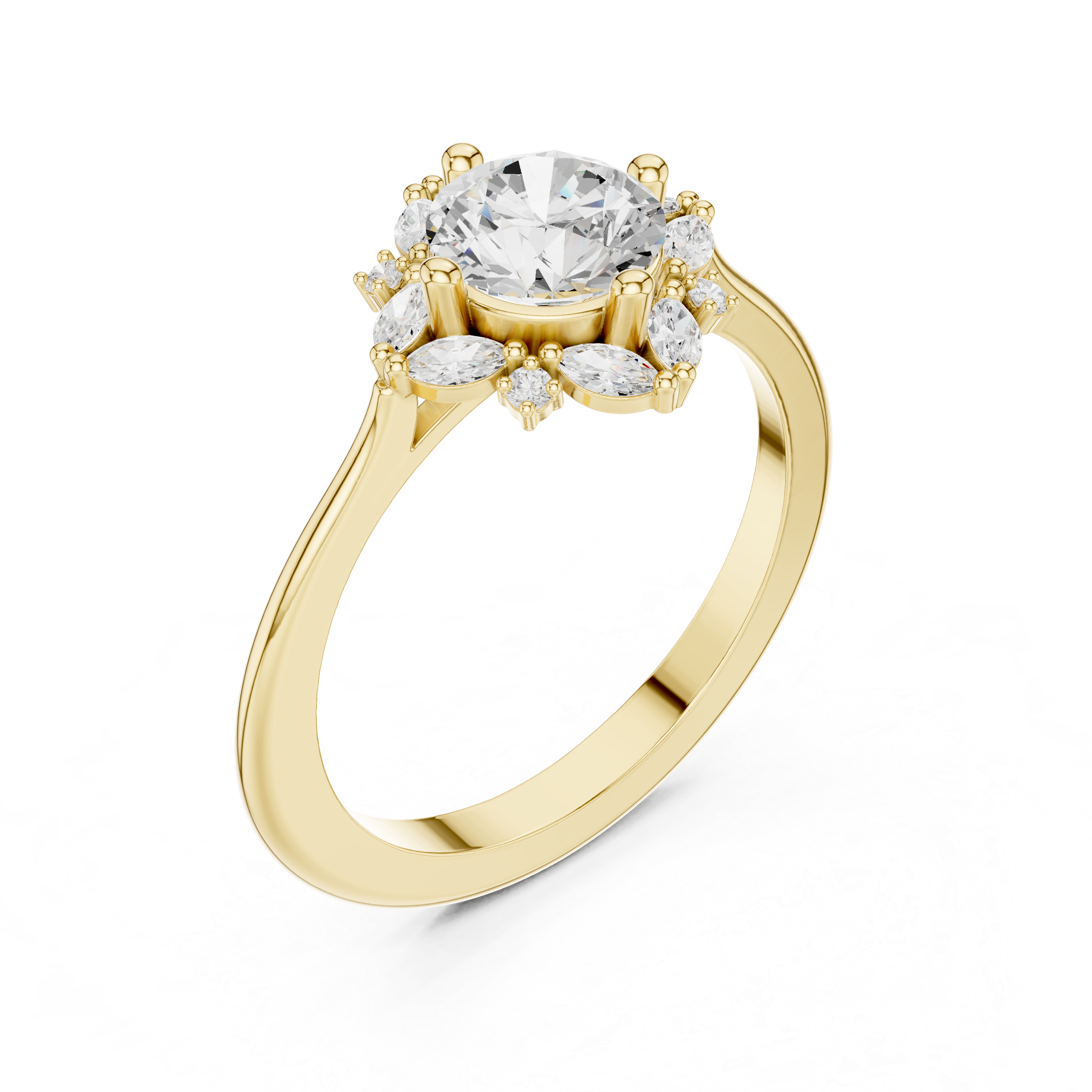 Round center diamond ring with marquise and round diamond floral halo