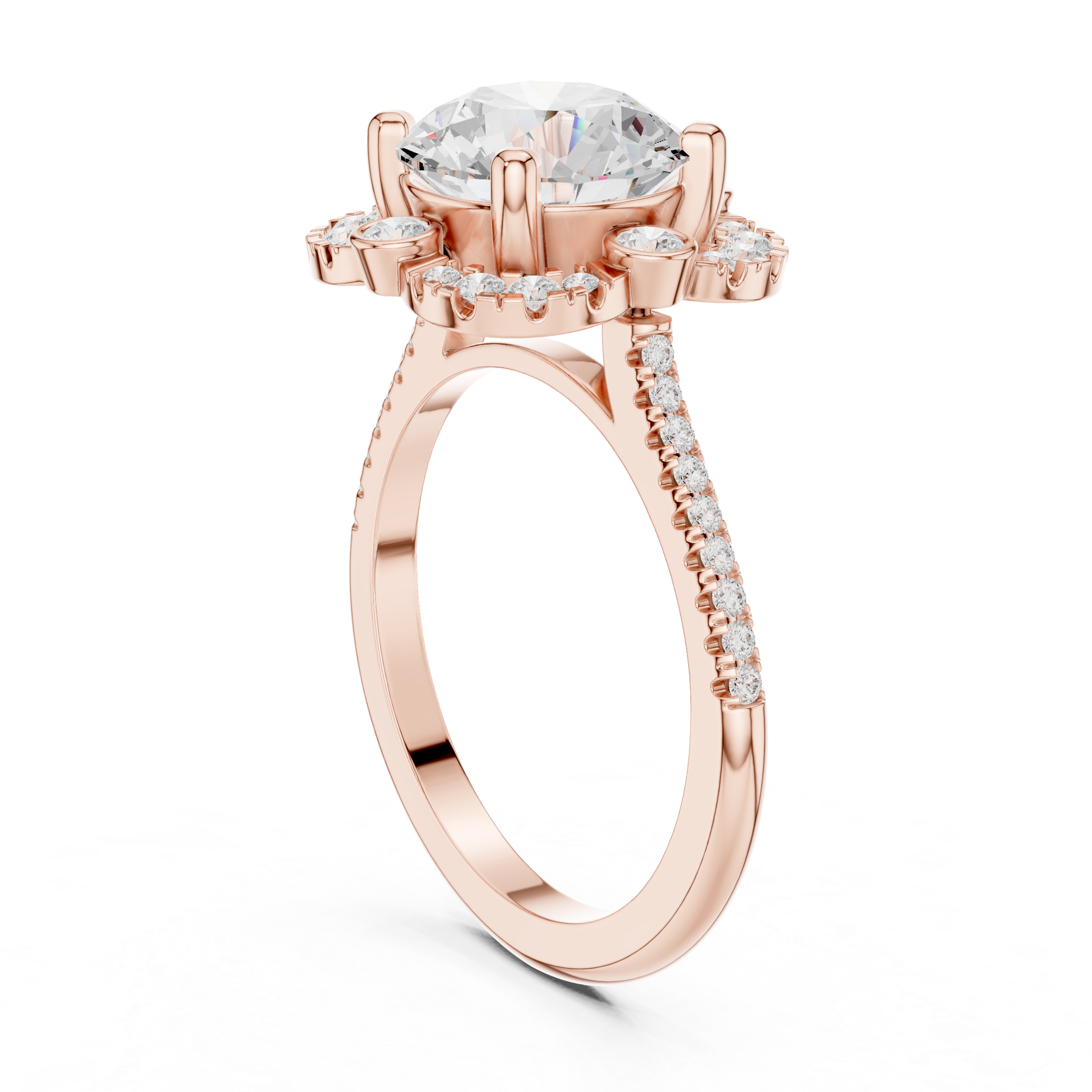 round center diamond ring with floral-inspired halo and pav‚ band