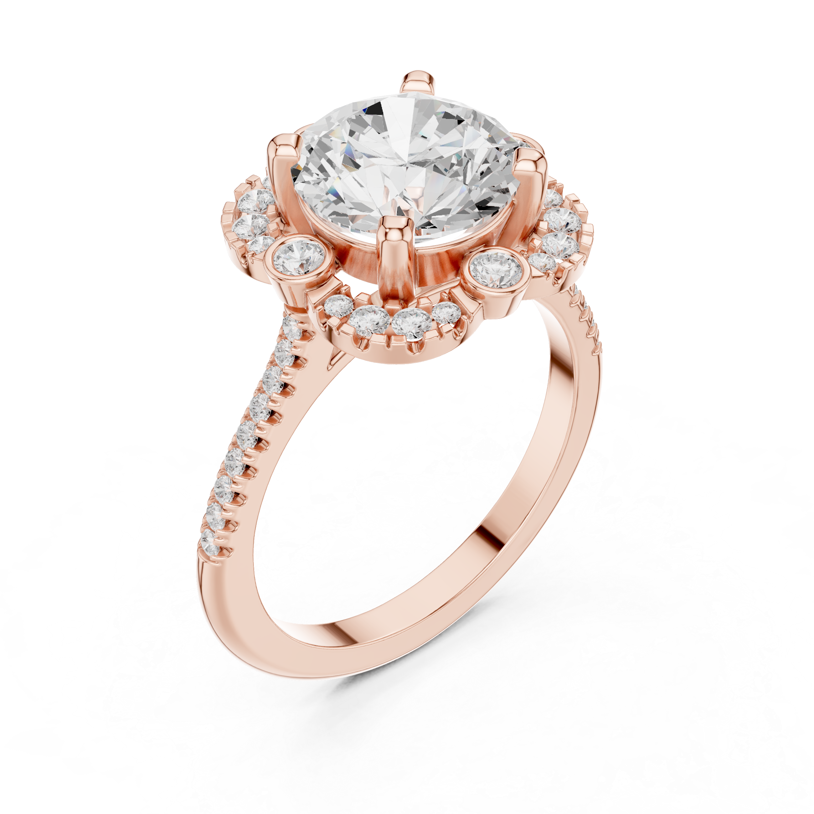 round center diamond ring with floral-inspired halo and pav‚ band