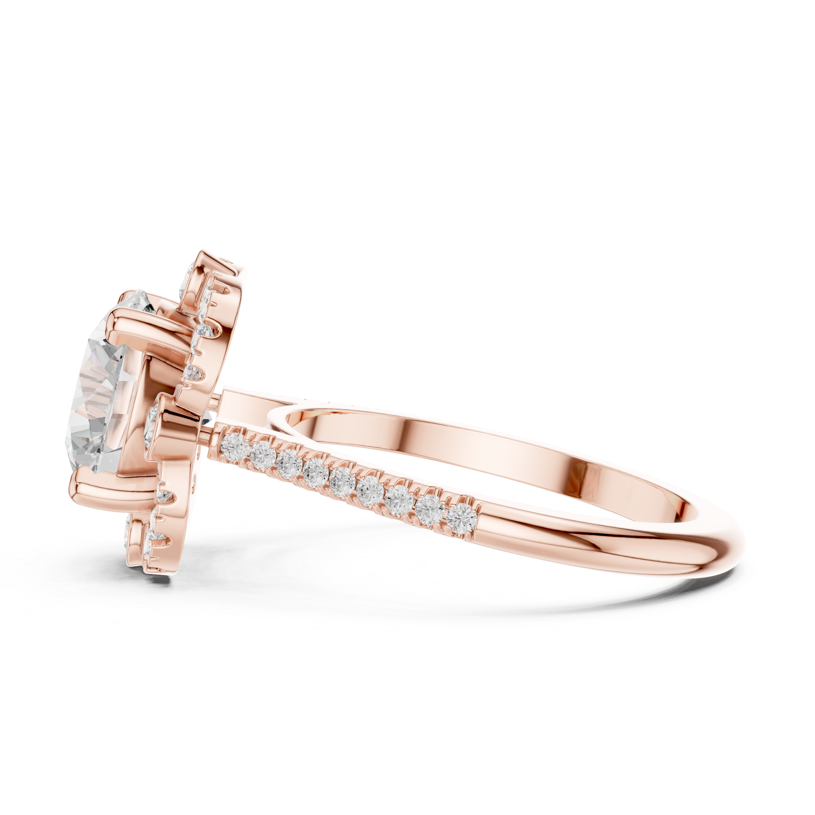 round center diamond ring with floral-inspired halo and pav‚ band