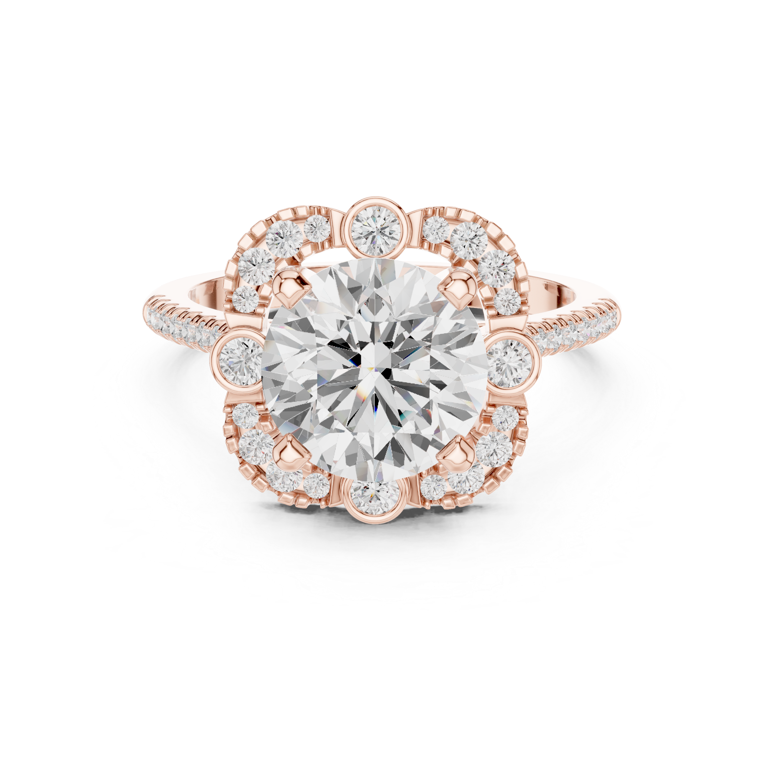 round center diamond ring with floral-inspired halo and pav‚ band