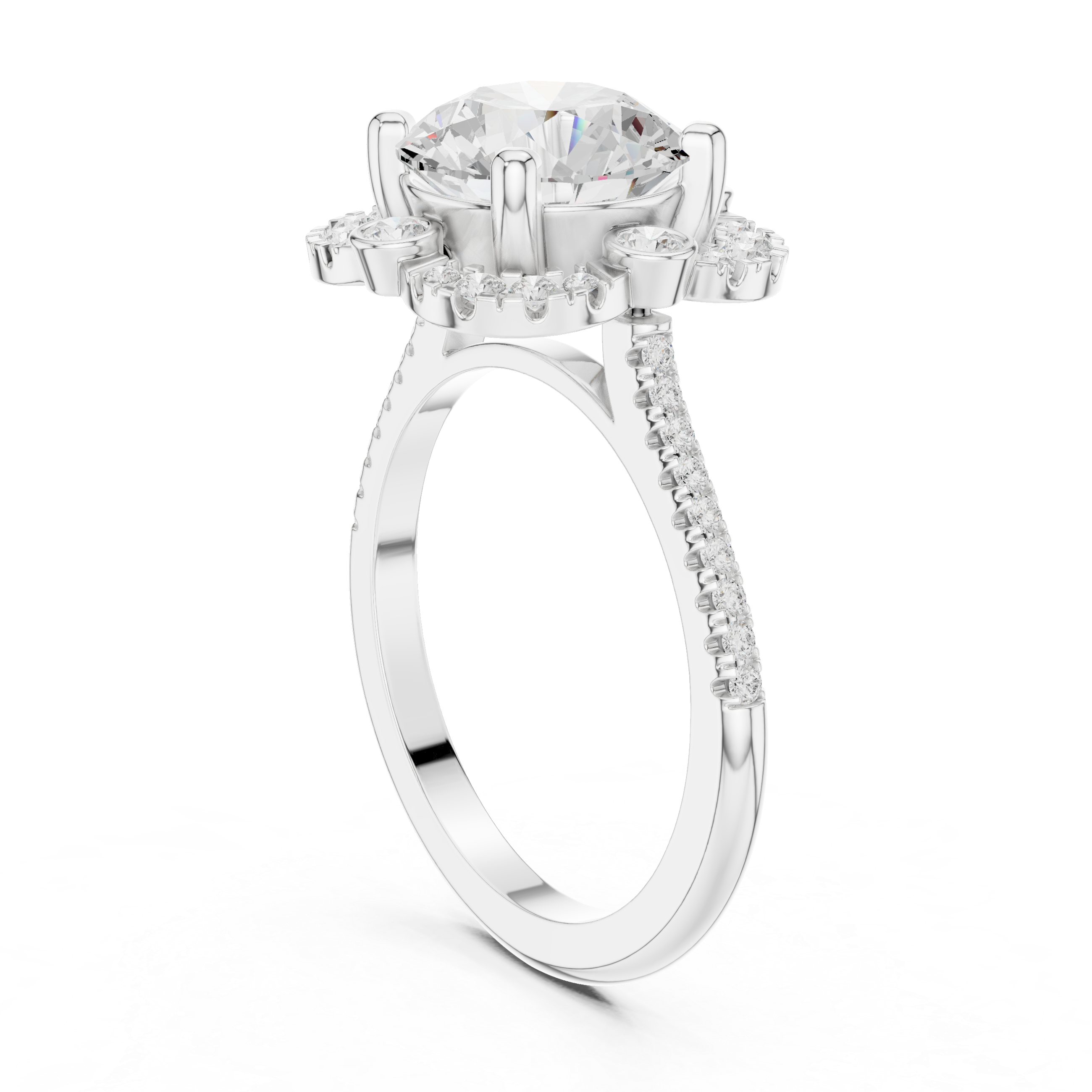 round center diamond ring with floral-inspired halo and pav‚ band