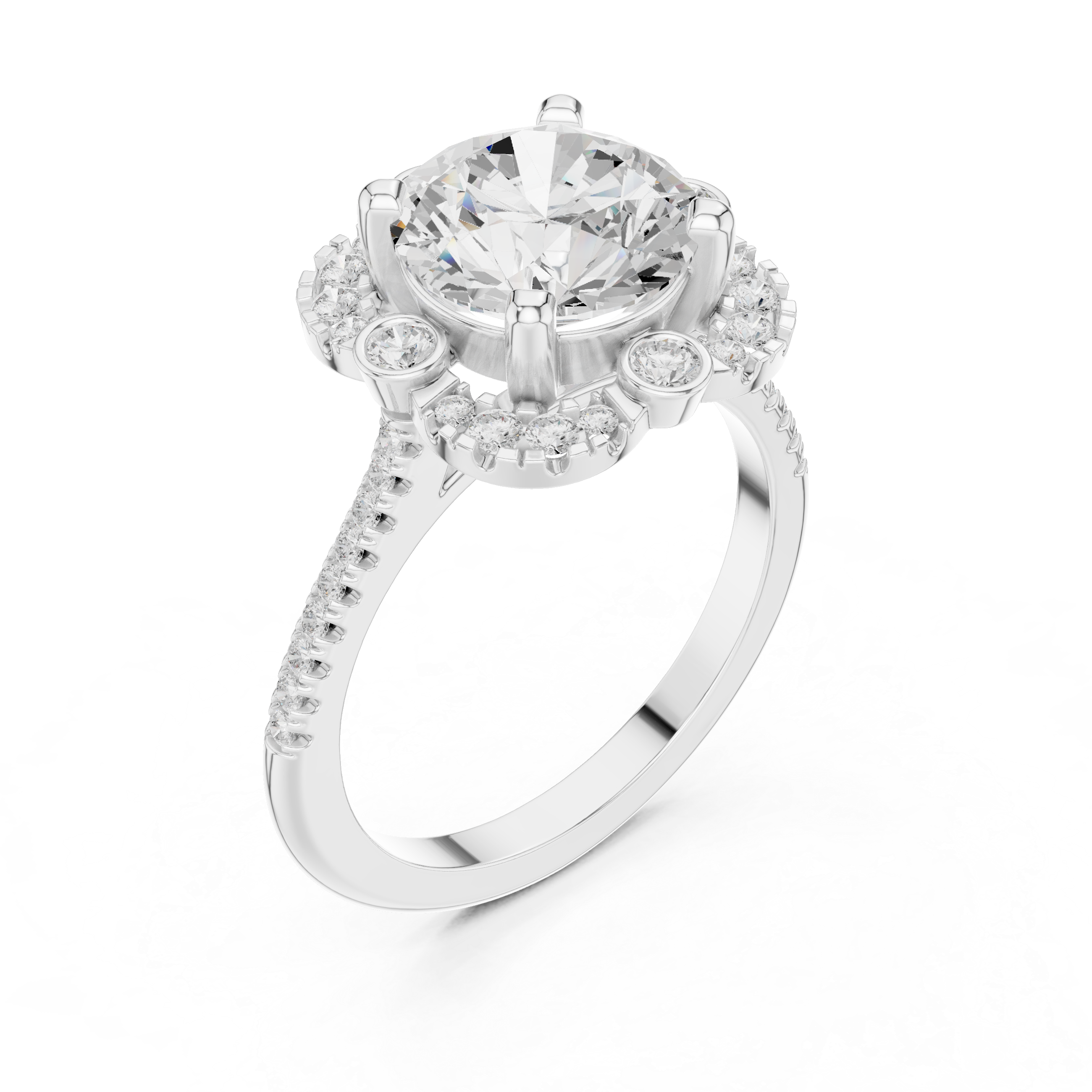 round center diamond ring with floral-inspired halo and pav‚ band