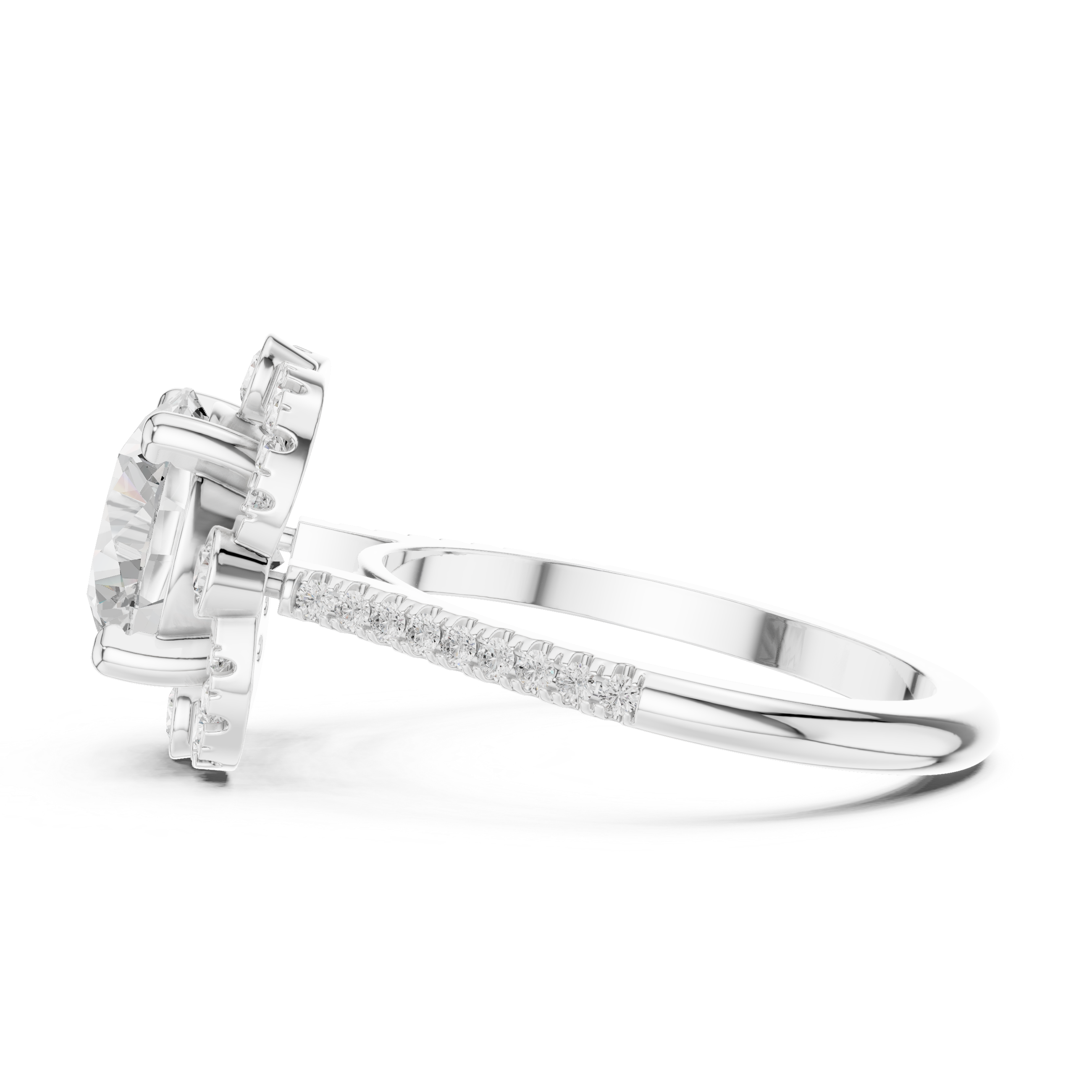 round center diamond ring with floral-inspired halo and pav‚ band