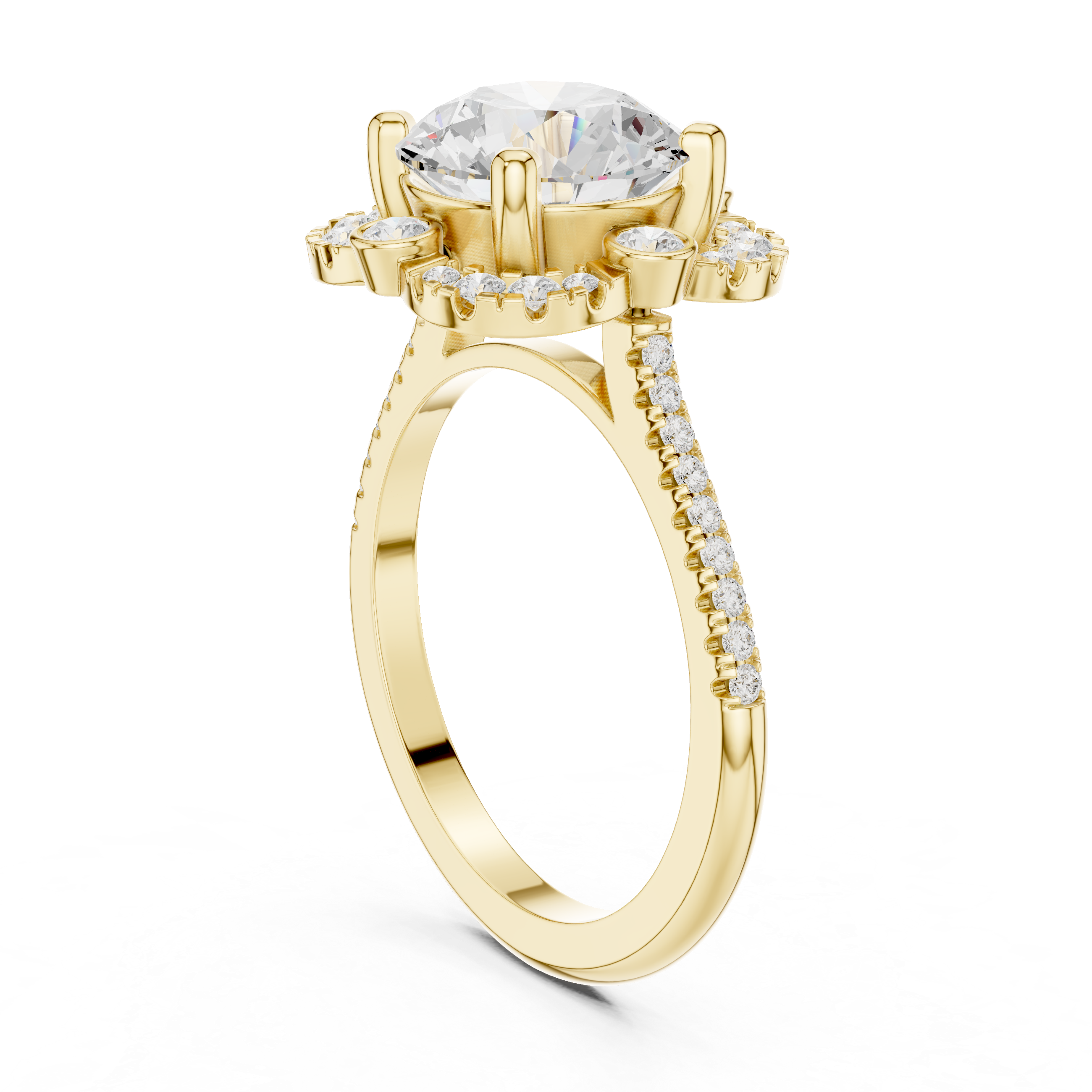 round center diamond ring with floral-inspired halo and pav‚ band