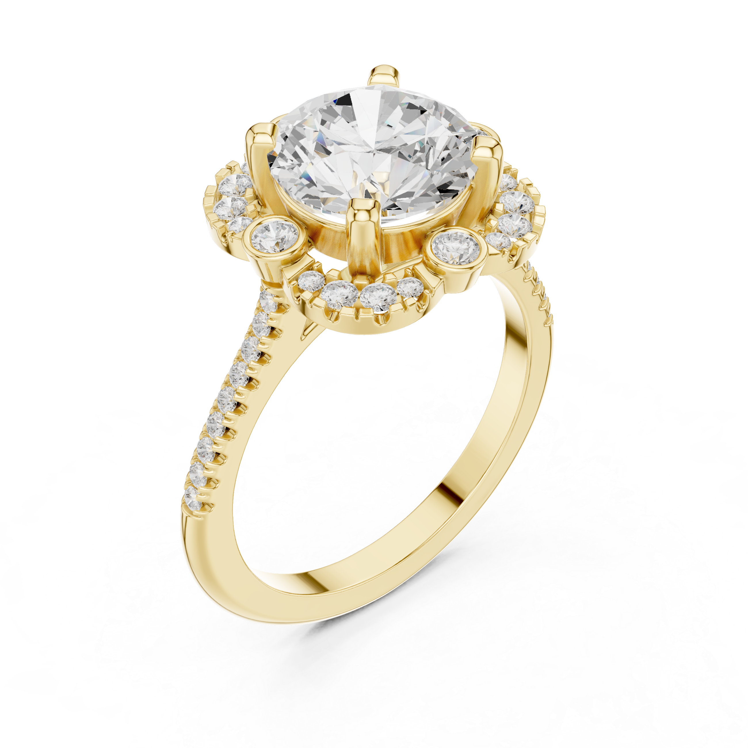 round center diamond ring with floral-inspired halo and pav‚ band