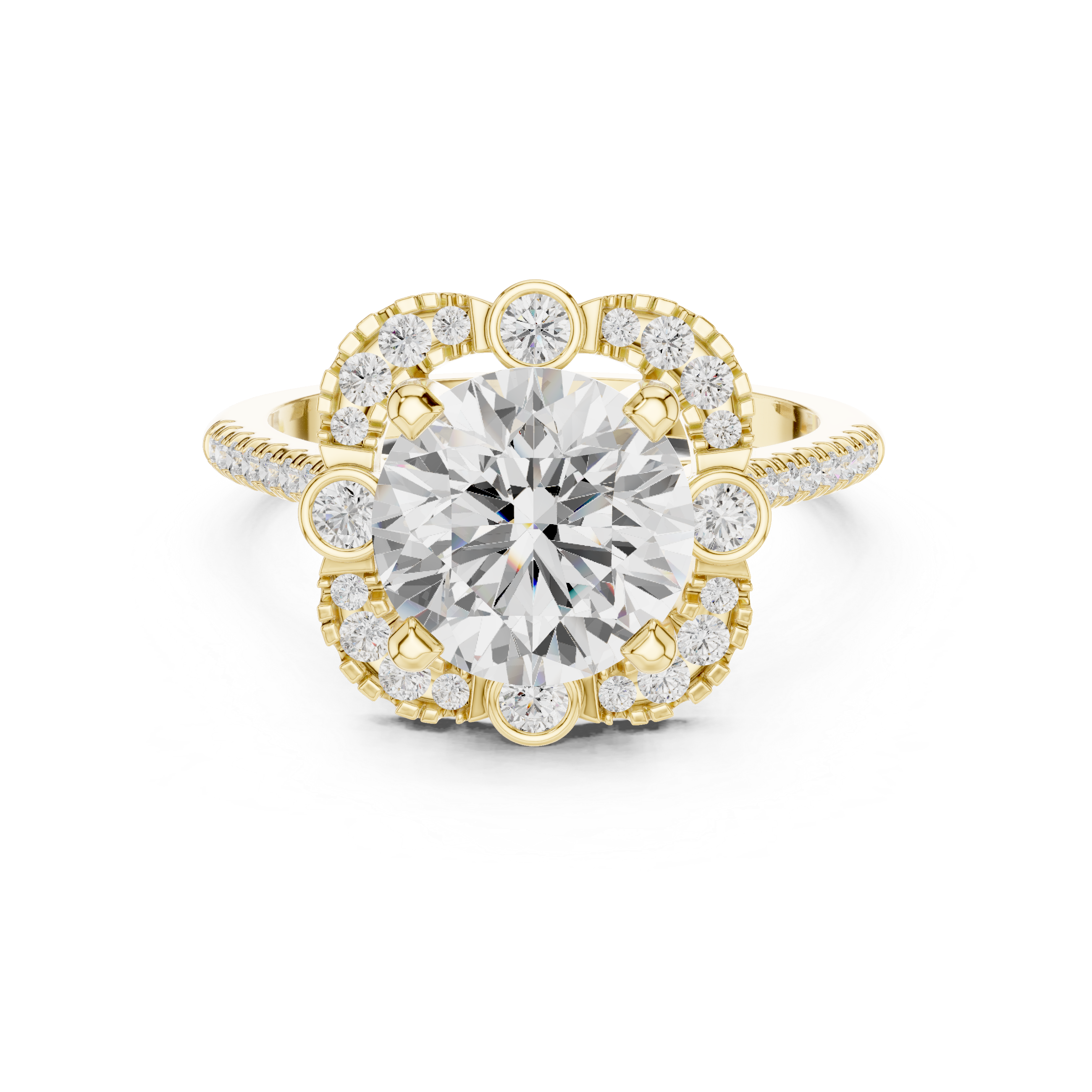 round center diamond ring with floral-inspired halo and pav‚ band