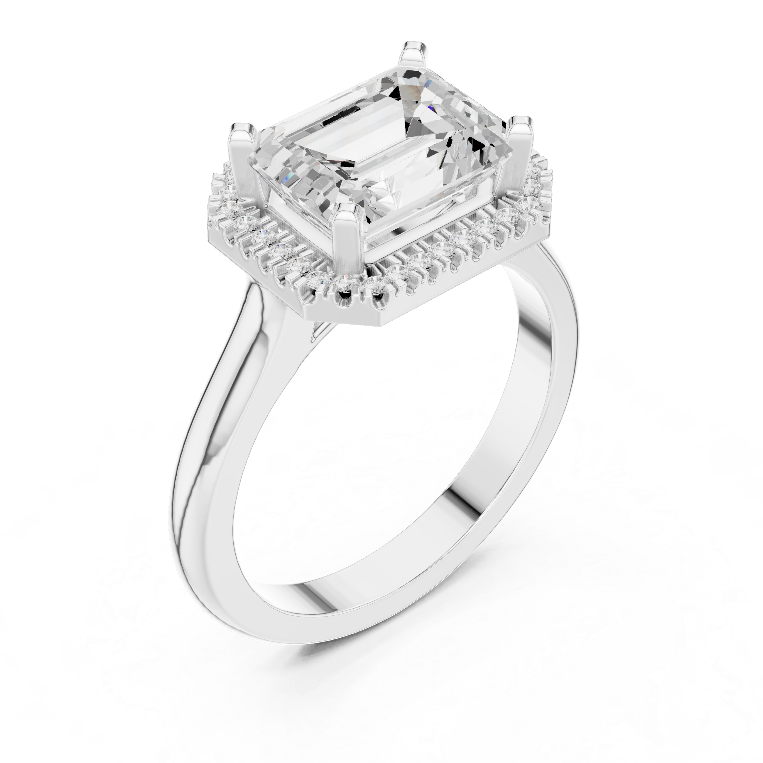 emerald-cut diamond ring with halo and milgrain detailing
