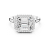 emerald-cut diamond ring with halo and milgrain detailing