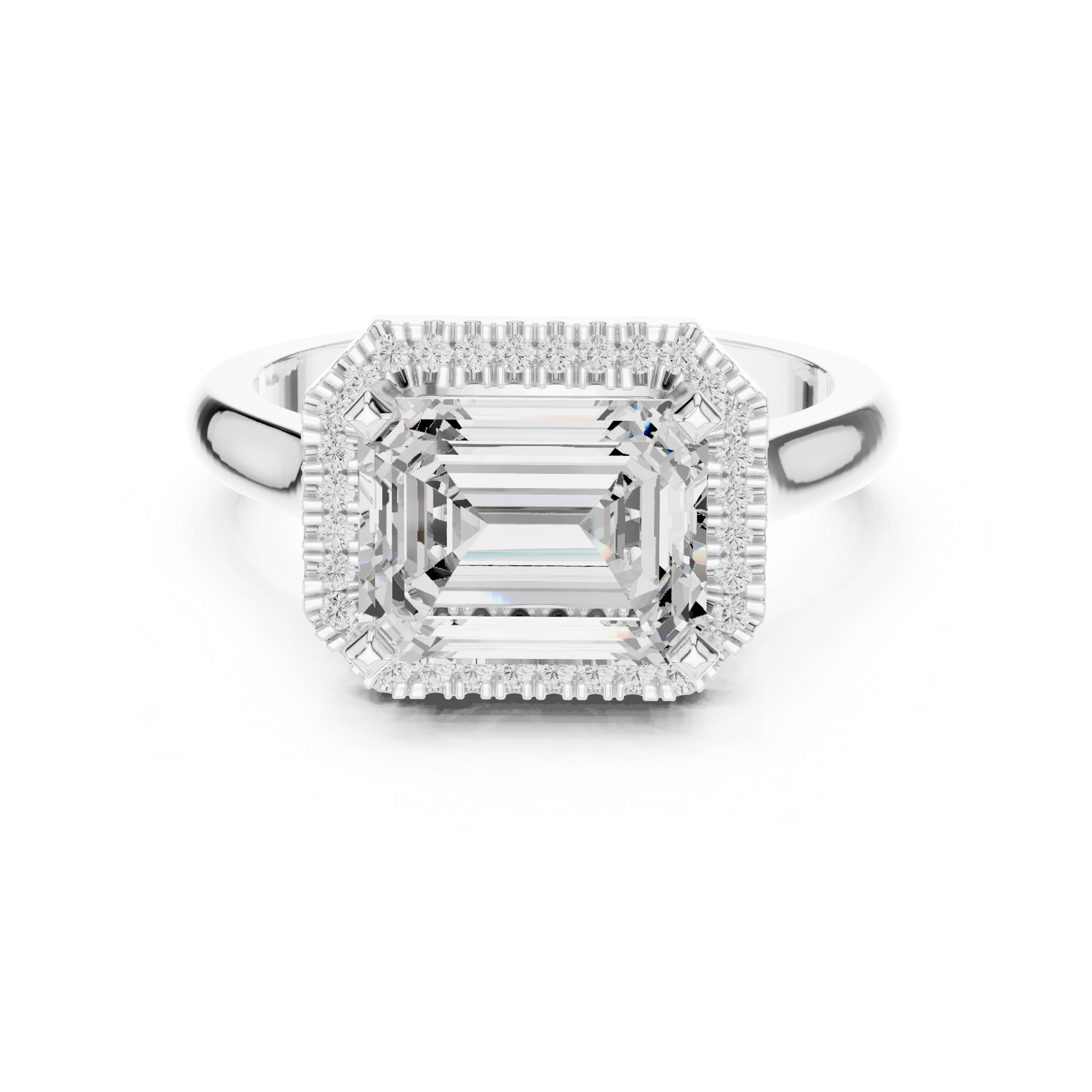 emerald-cut diamond ring with halo and milgrain detailing