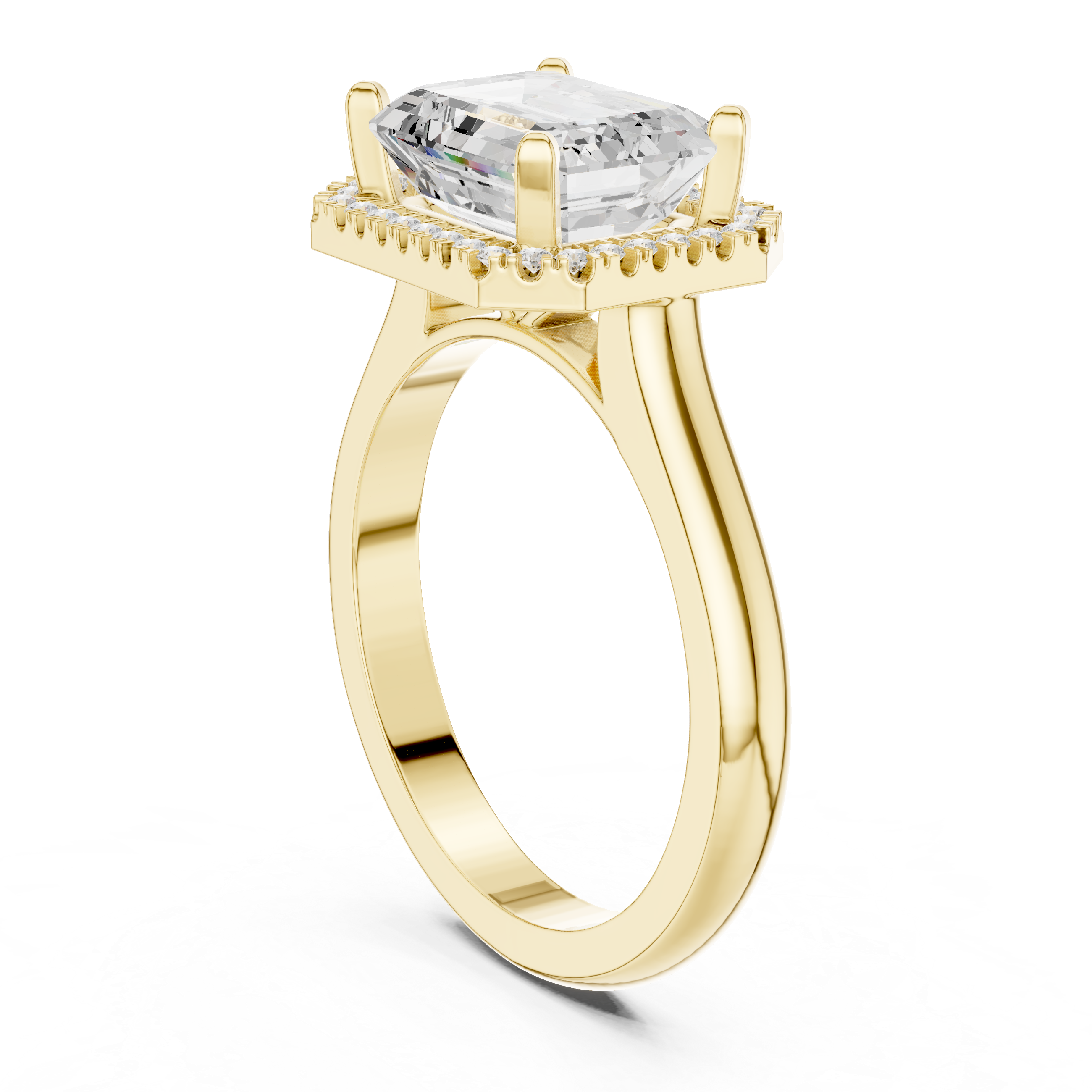 emerald-cut diamond ring with halo and milgrain detailing