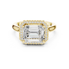 emerald-cut diamond ring with halo and milgrain detailing