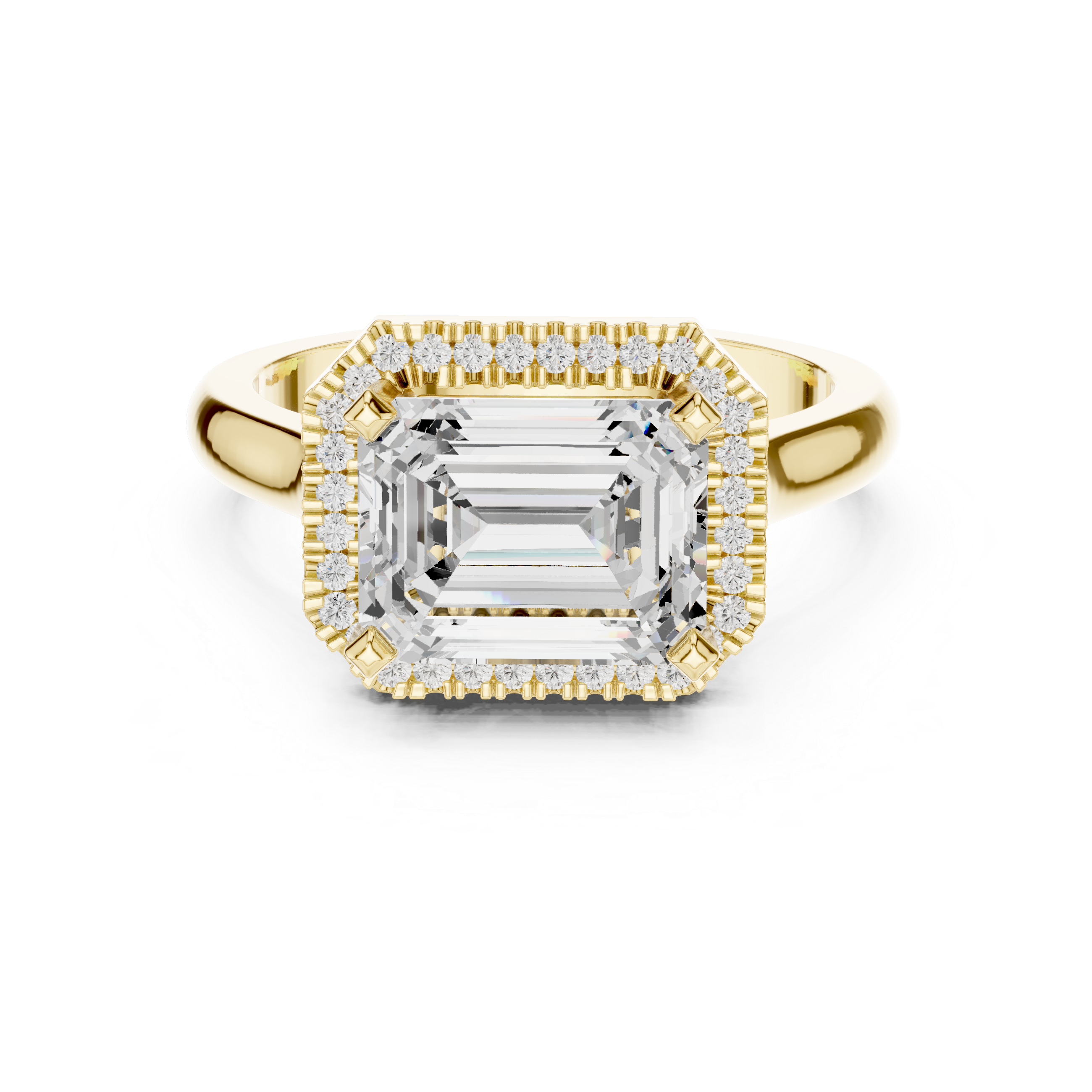 emerald-cut diamond ring with halo and milgrain detailing