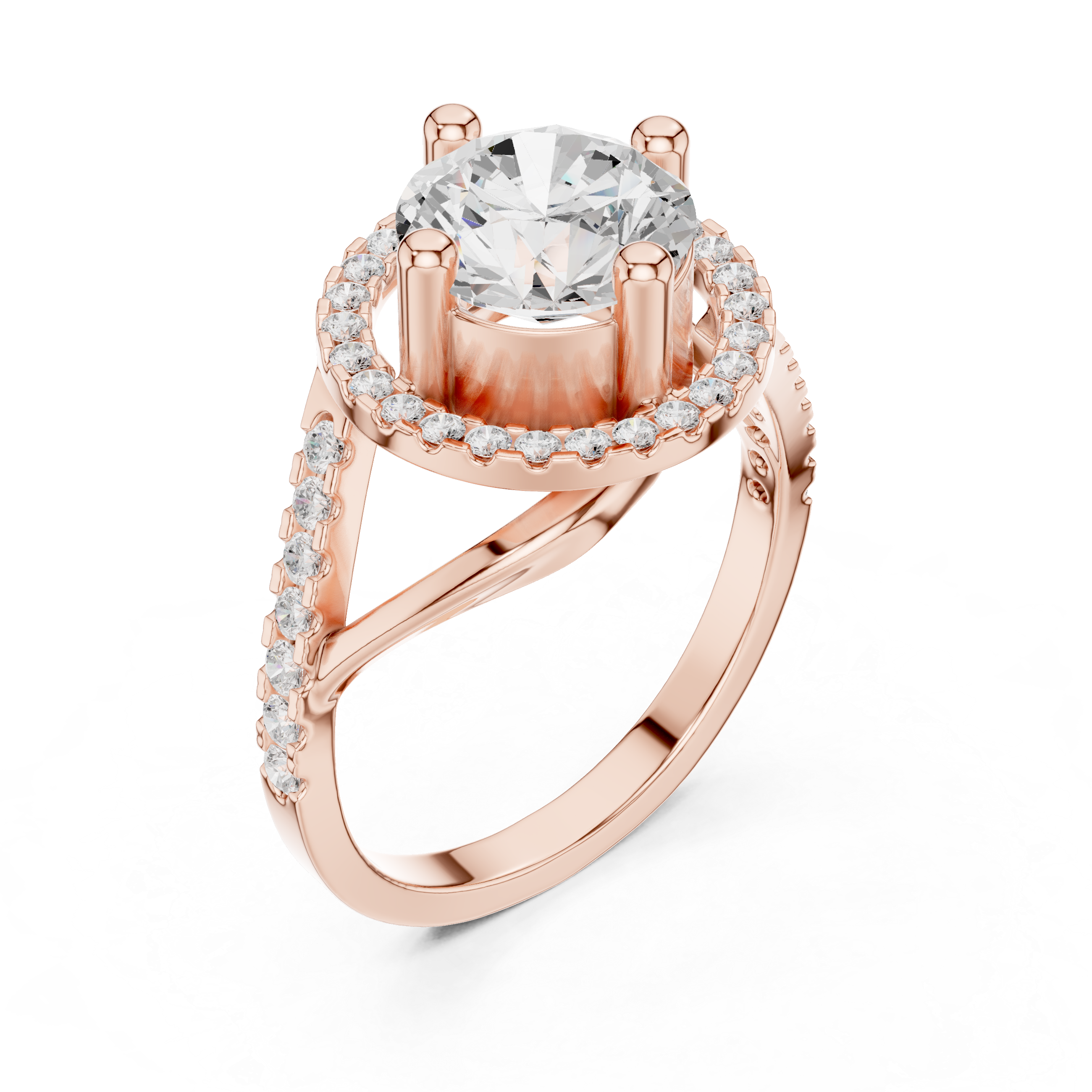 A luxurious ring featuring a central diamond surrounded by a halo of smaller diamonds.