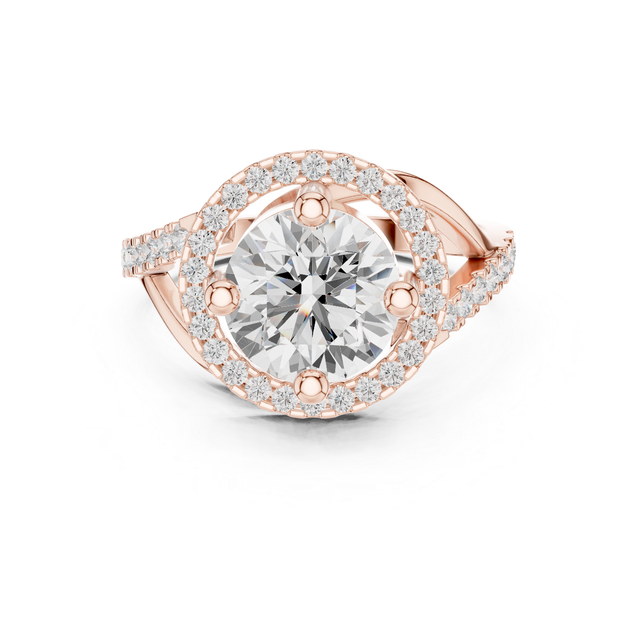 A luxurious ring featuring a central diamond surrounded by a halo of smaller diamonds.