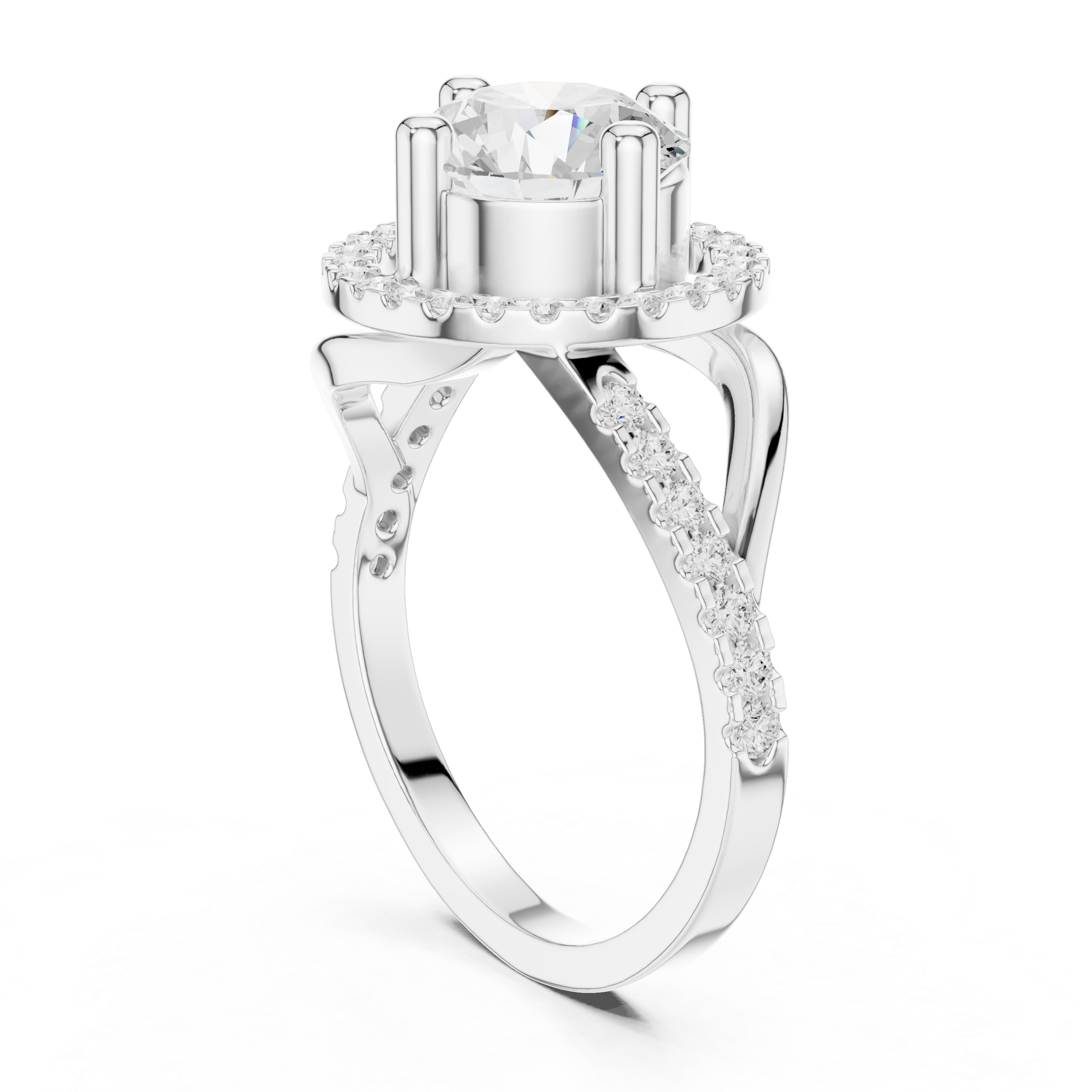 A luxurious ring featuring a central diamond surrounded by a halo of smaller diamonds.