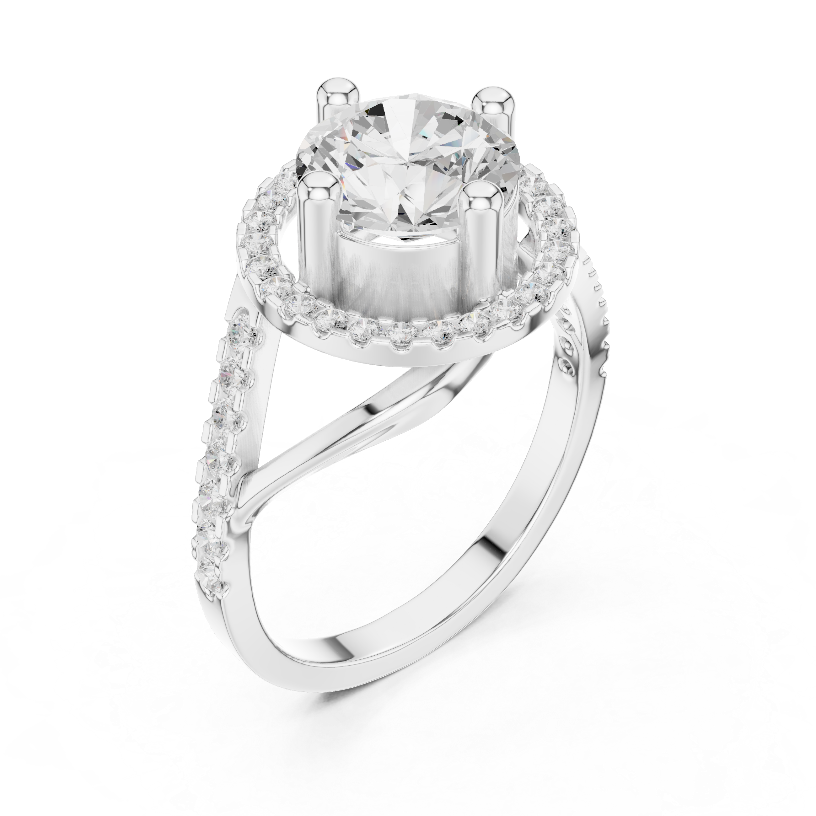 A luxurious ring featuring a central diamond surrounded by a halo of smaller diamonds.